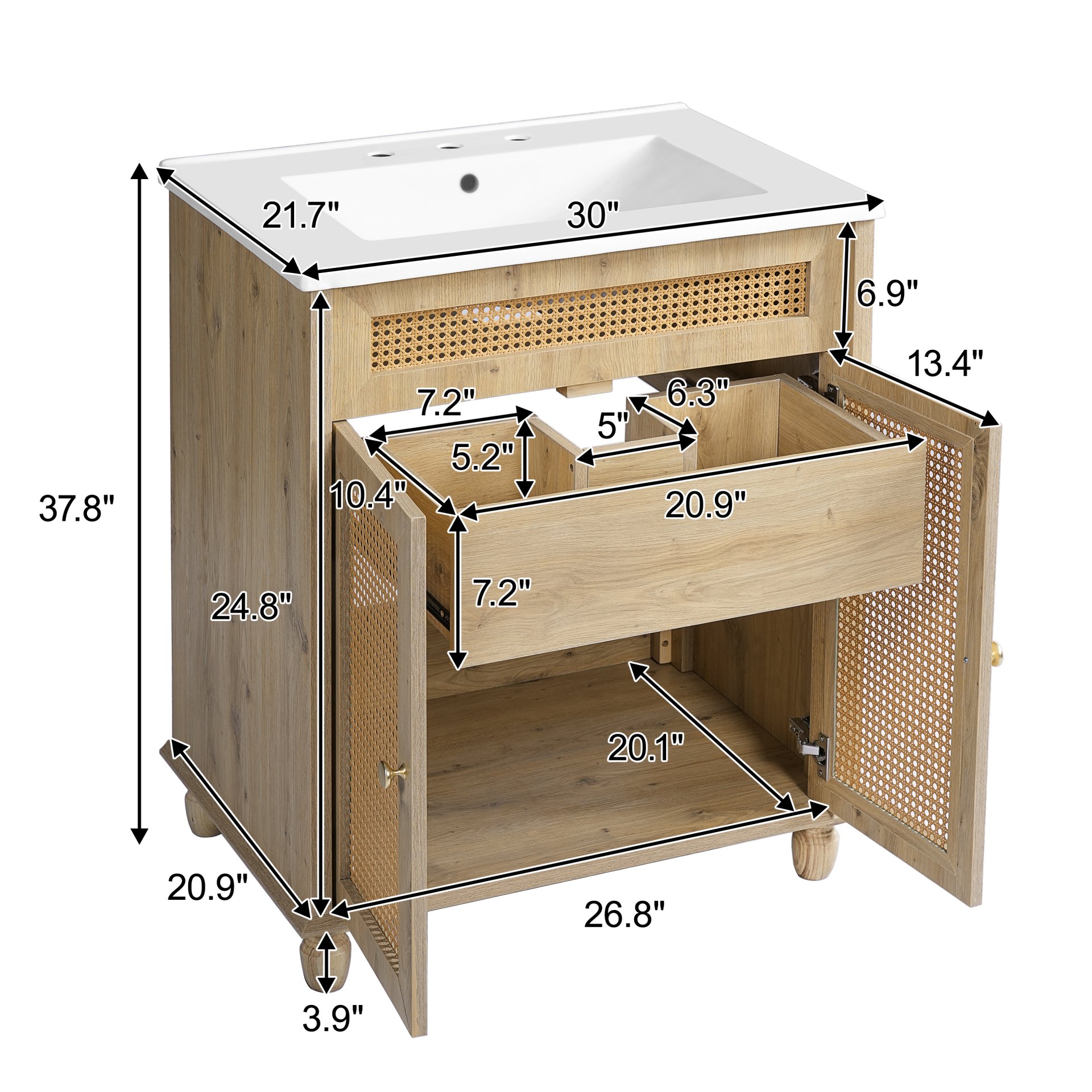 Bathroom Vanity With Handwoven Rattan Doors, Resin Basin - Natural Wood - Image 3