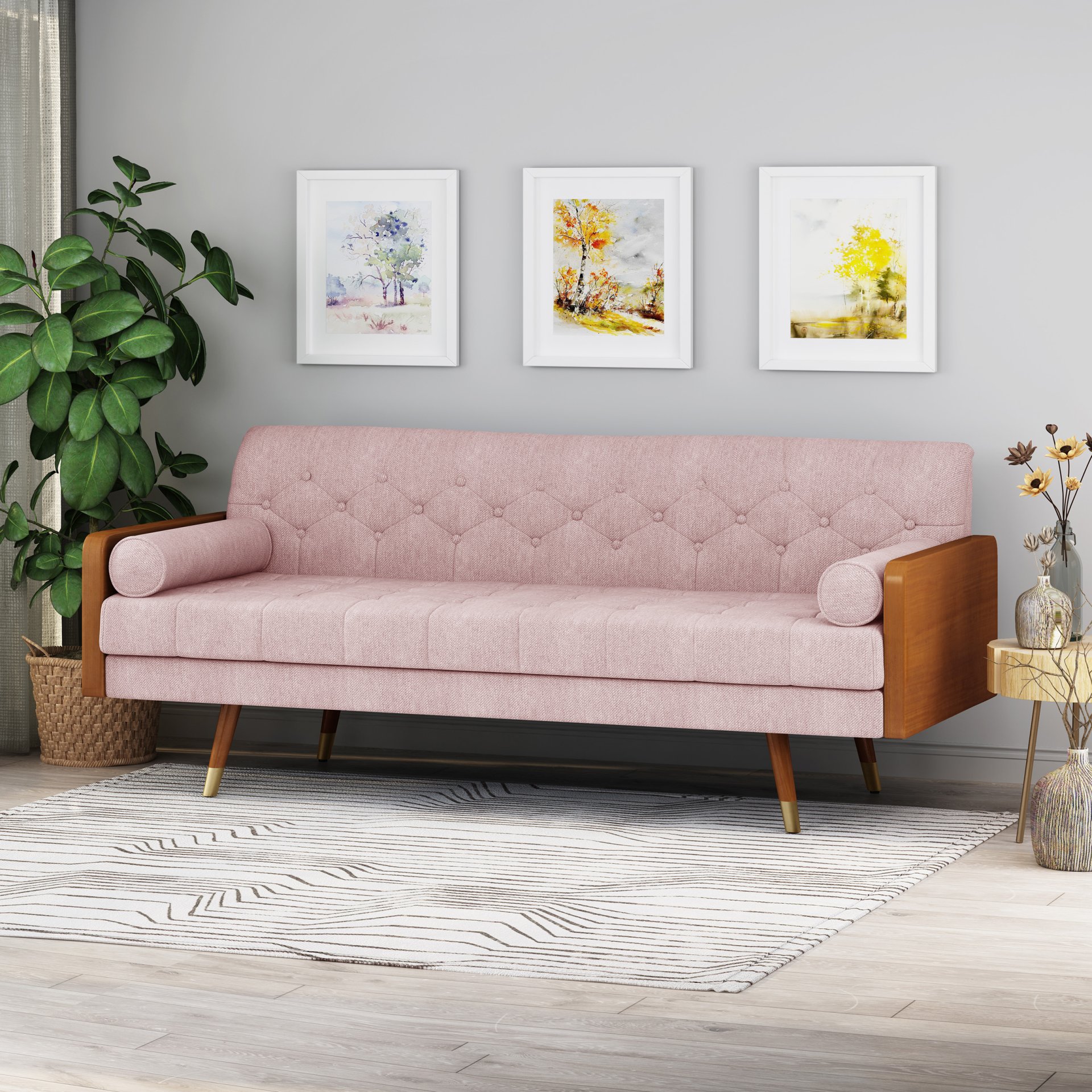 Aidan - Mid Century Modern Tufted Fabric Sofa - Blush - Image 4