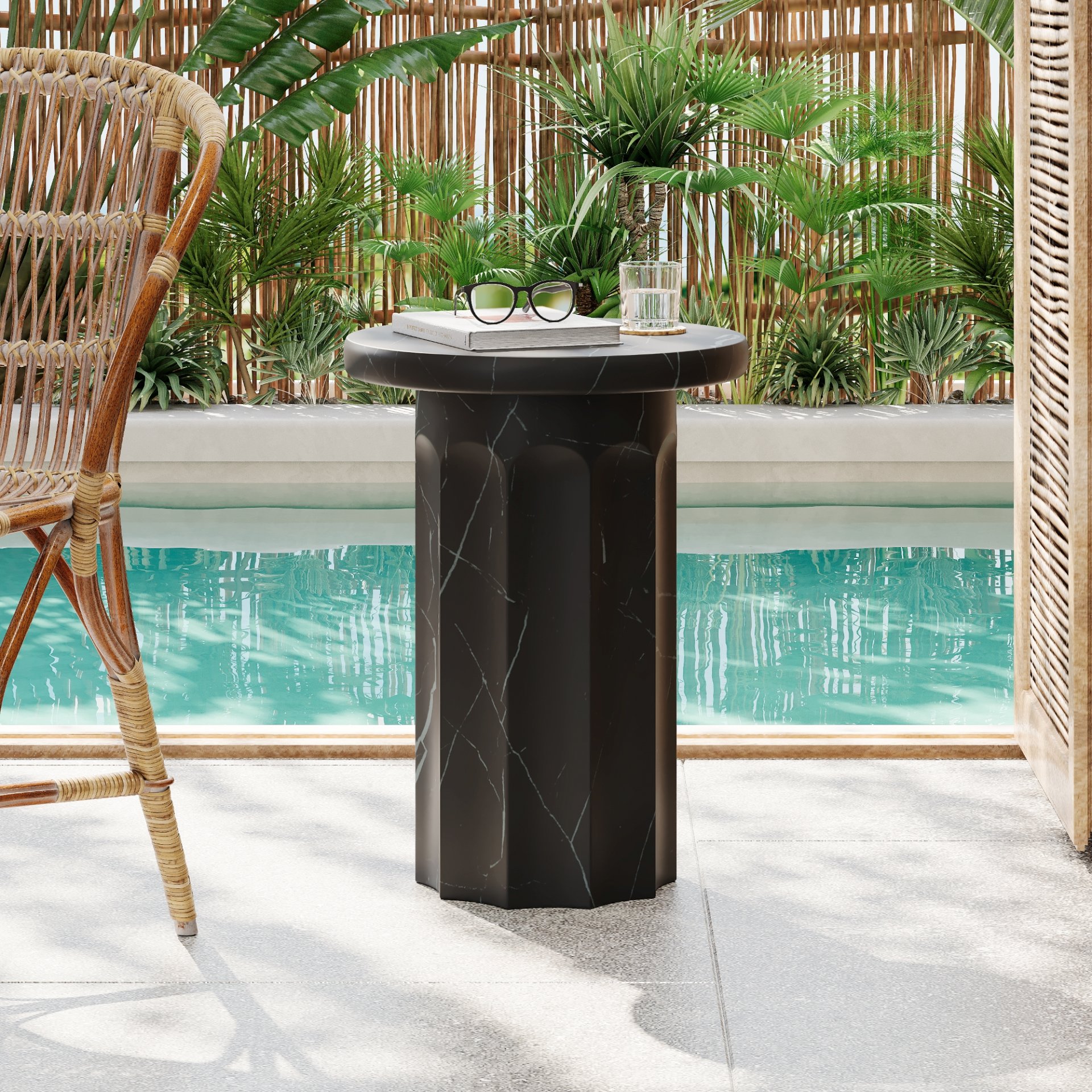 Outdoor Lightweight Concrete BMarble Effect Side Table, Living Room End Table - Black / Marble - Image 2