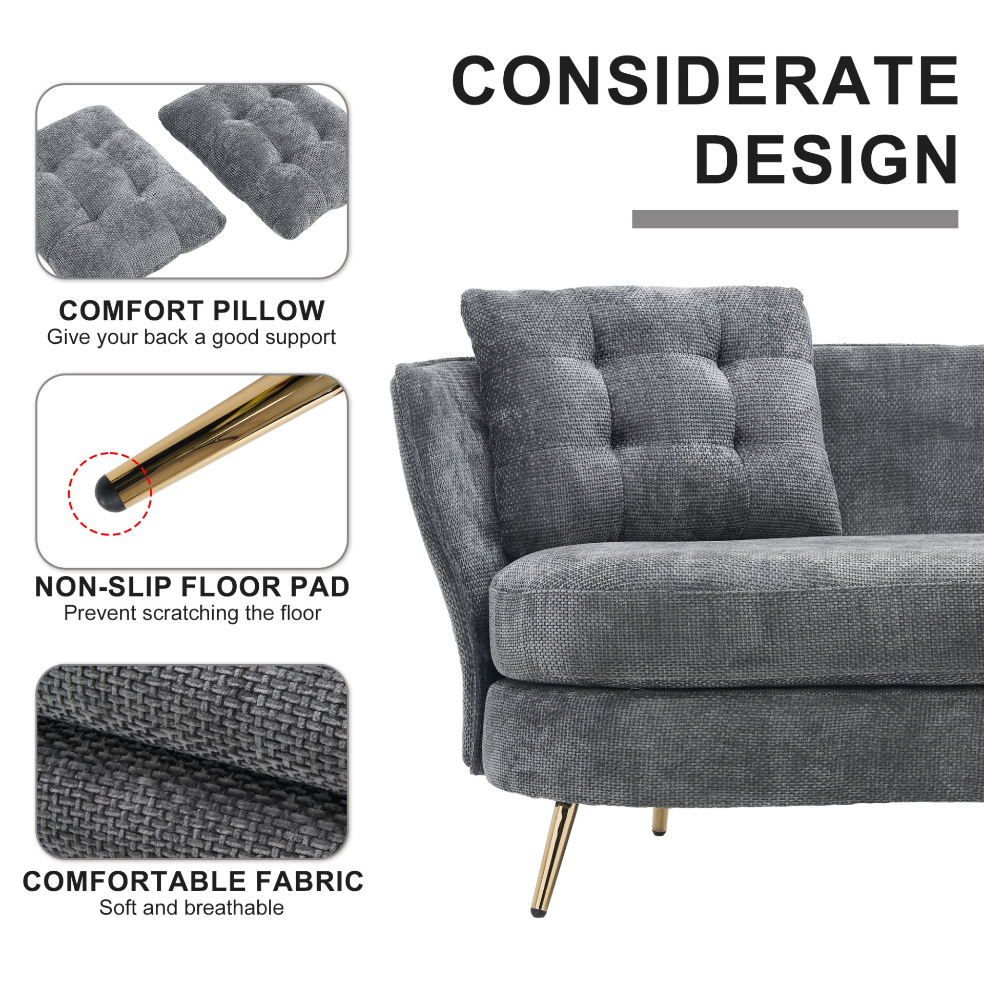 Polyester Fiber Loveseat Sofa Chair Upholstered Couch With Golden Metal Legs Club 2 Seat Sofa For Living Reading Room Bedroom Apartment Small Space Dorm - Gray - Image 5