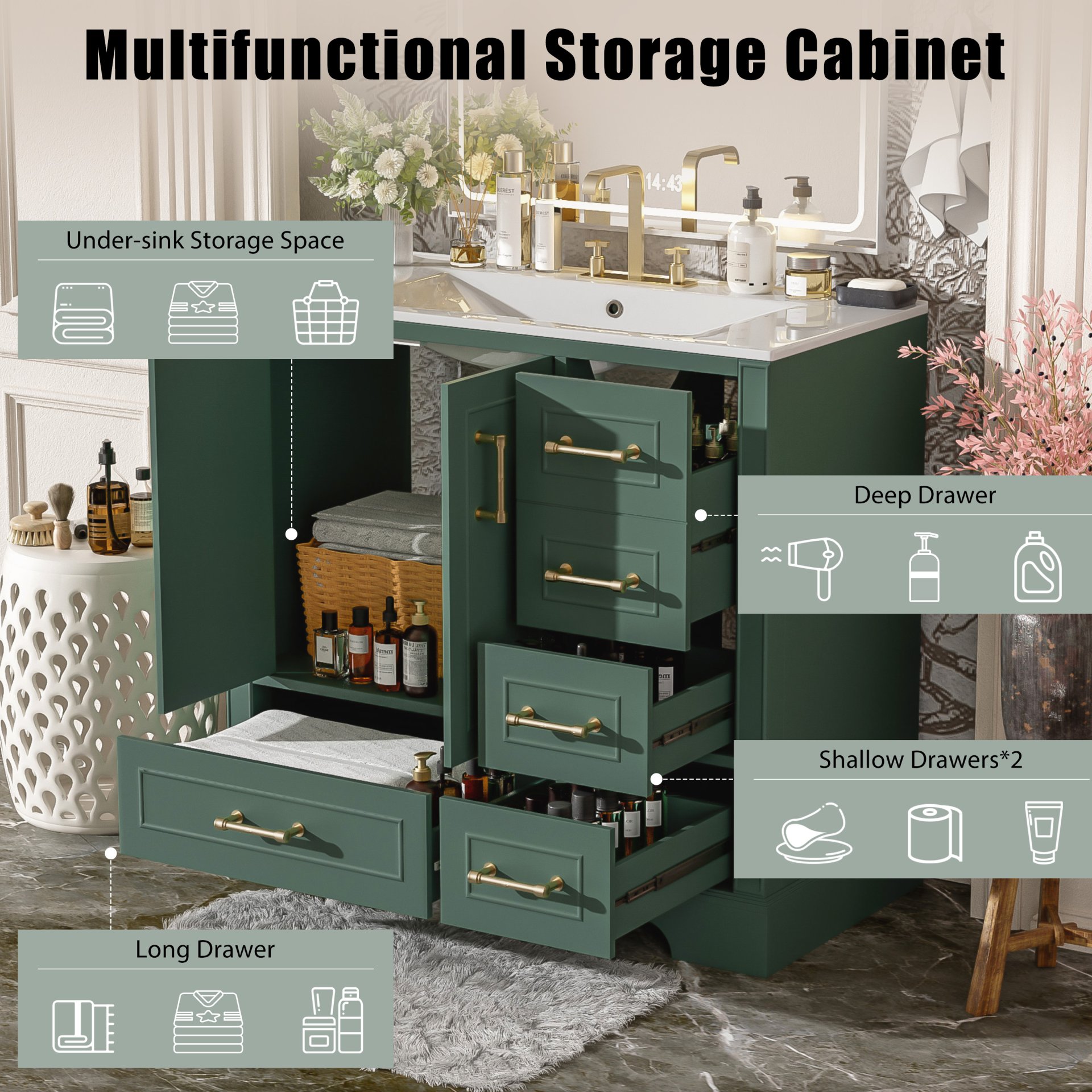 Traditional Bathroom Vanity With Sink, Soft Close Doors & Drawers, 36" - Green - Image 9