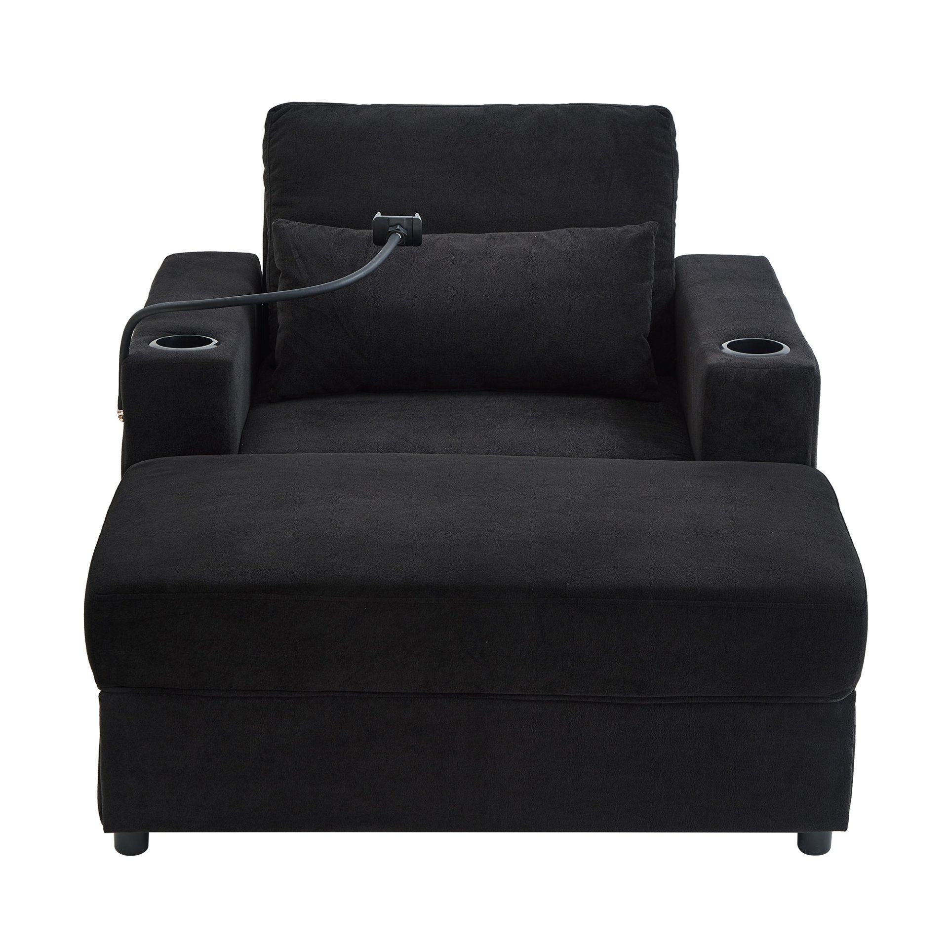 Modern Style Armchair Chaise Lounge Sofa Couch With Movable Storage Ottoman, USB Ports, Cup Holders & Side Pockets Chenille - Black - Image 14