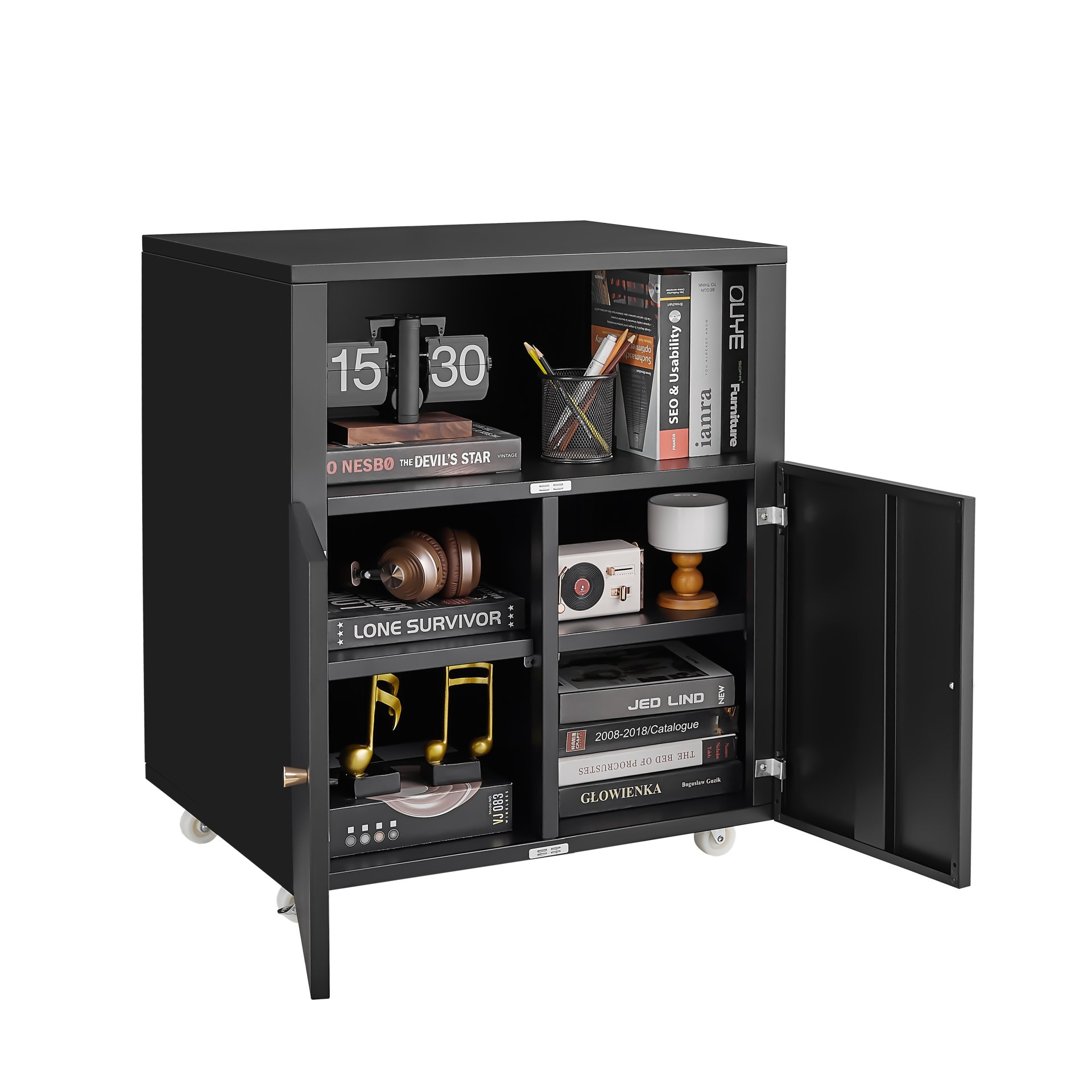 Mobile Printer Stand With Wheels And File Cabinet - Black - Image 9