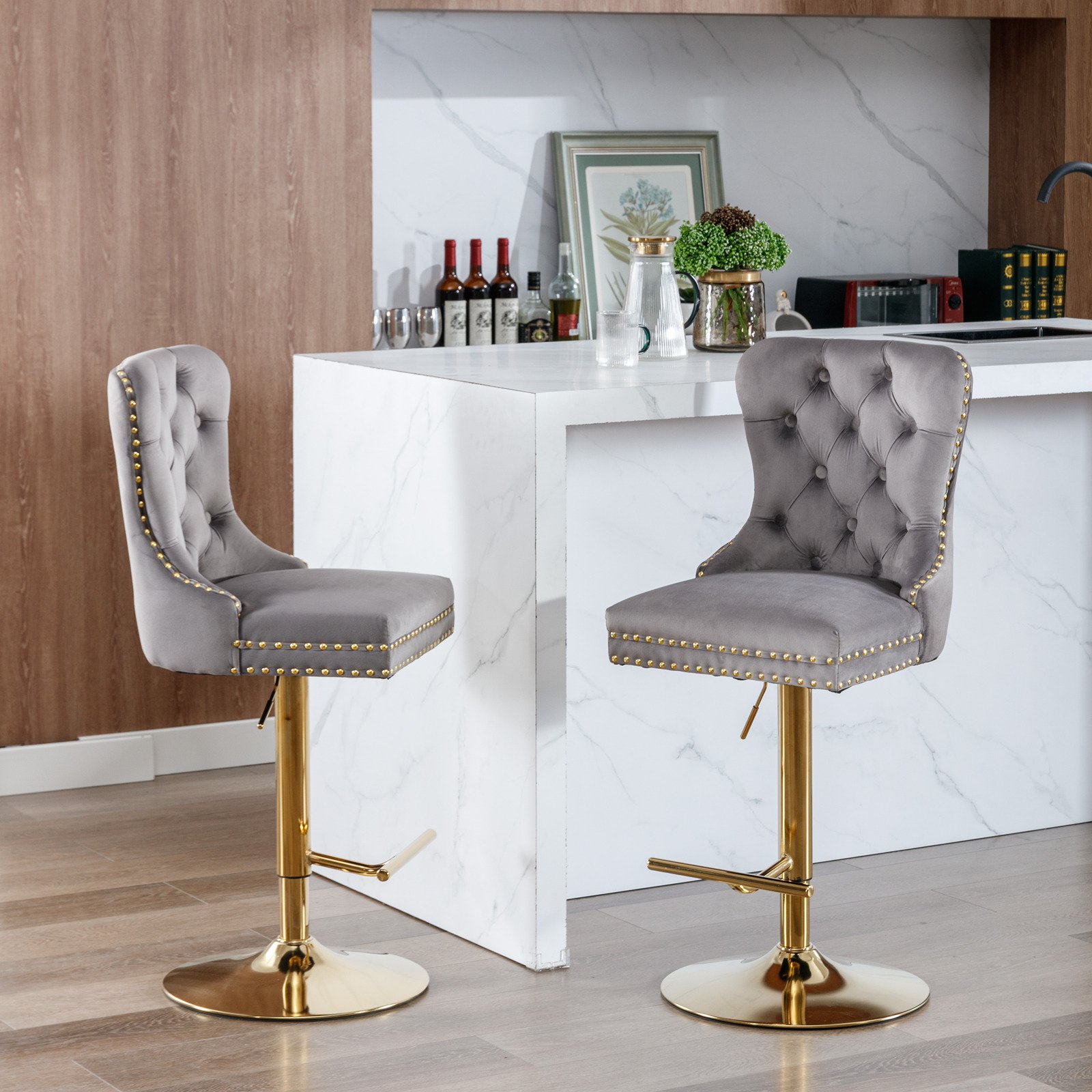 Thick Golden Swivel Velvet Barstools Adjusatble Seat Height From 25-33", Modern Upholstered Bar Stools With Backs Comfortable Tufted For Home Pub And Kitchen Island (Set of 2) - Gray - Image 19