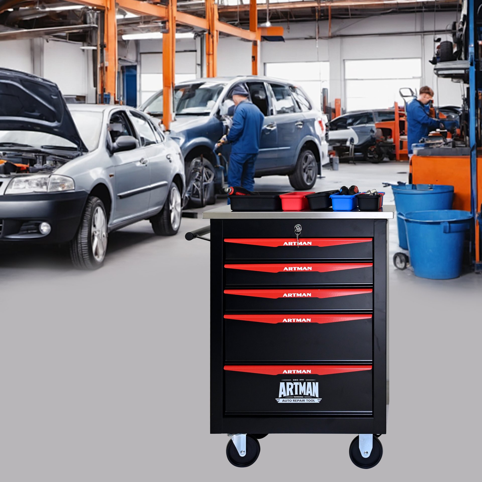 5 Drawer Multifunctional Tool Cart With Wheels, Metal Rolling Tool Cart Storage For Garage Workshop Warehouse Repair Shop With Stainless Steel Roof - Black / Red - Image 14
