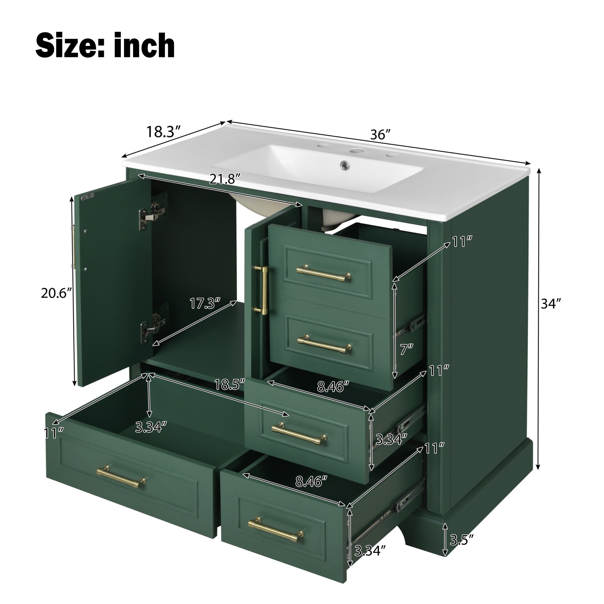 Traditional Bathroom Vanity With Sink, Soft Close Doors & Drawers, 36" - Green - Image 4
