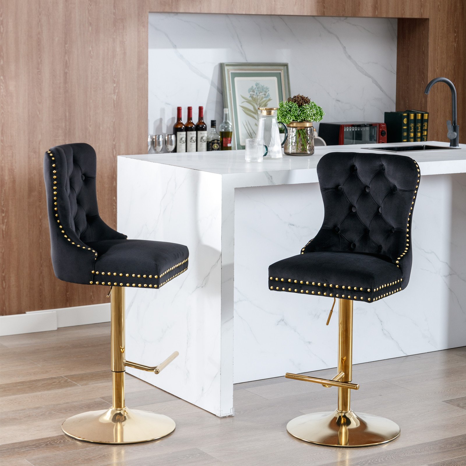 Thick Golden Swivel Velvet Barstools Adjusatble Seat Height From 27-35", Modern Upholstered Bar Stools With Backs Comfortable Tufted For Home Pub And Kitchen Island (Set of 2) - Black - Image 20