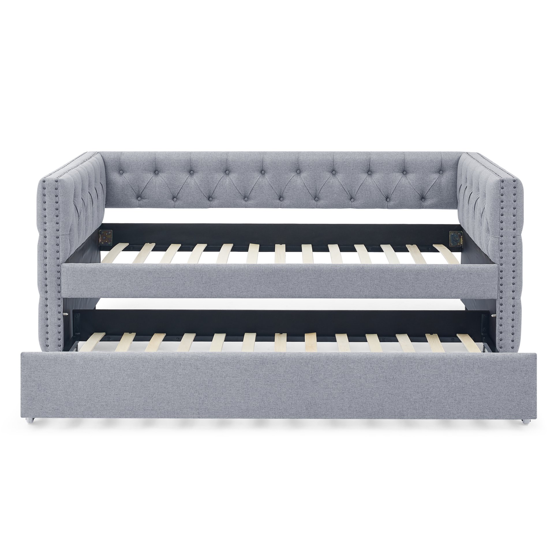 Mid Century Inspired Upholstered Twin Size Daybed With Trundle Button Tufted Linen - Gray - Image 7