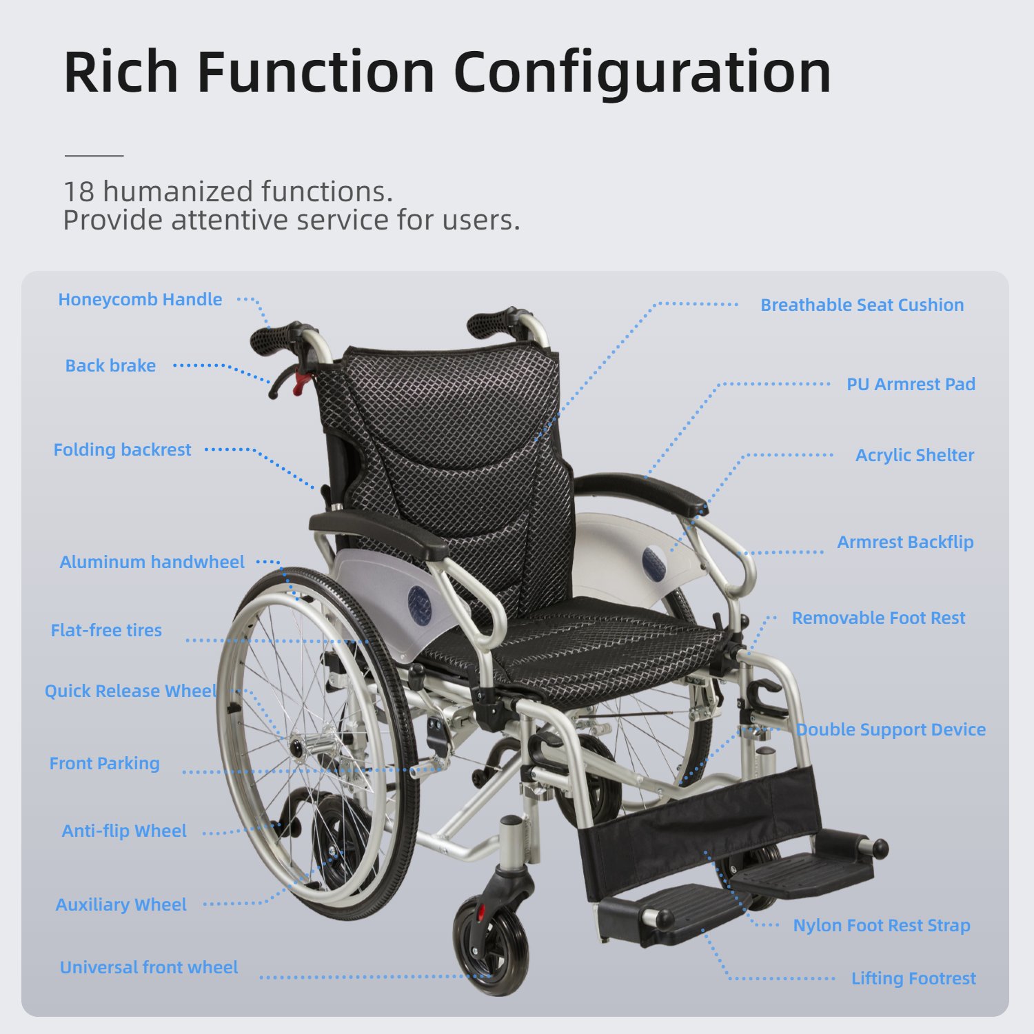 Innovative 6 Wheel Transport Wheelchair Lightweight Foldable Design With Dual Brakes Breathable Seat Anti Backflip Safety Perfect - Black / Silver - Image 6