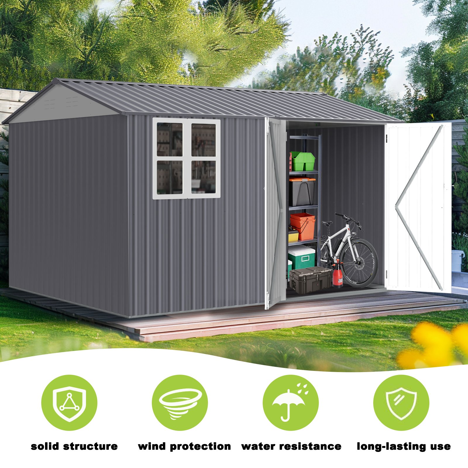 8 0 Ft Outdoor Storage Garden Tool Shed With Thickened Galvanized Steel With Sloped Roof & Double Lockable Door Storage Shed Large With 6 Vents - Gray - Image 9