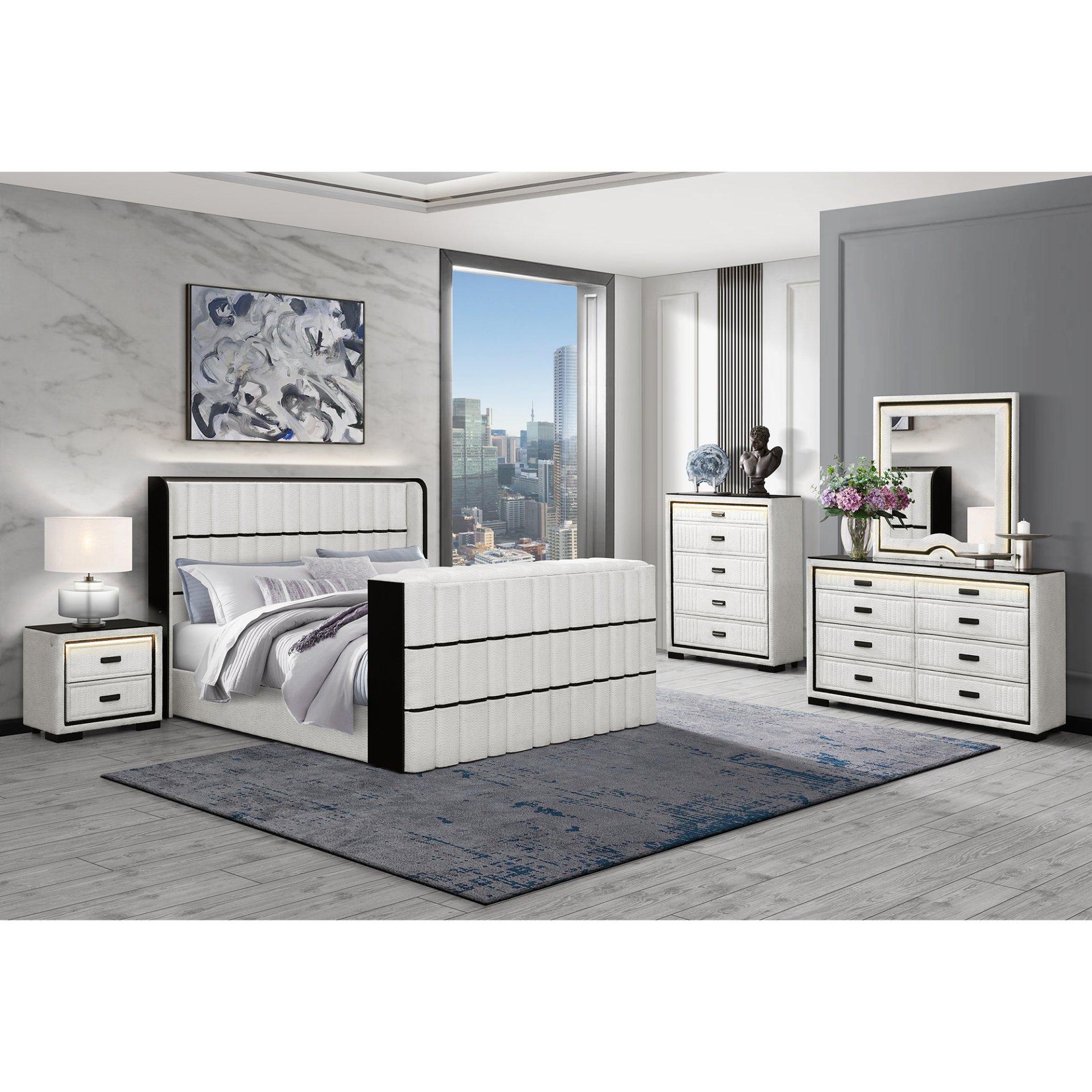 Isaiah - Queen 5 Piece Bedroom Set With 50" TV Lift LED, Speakers And Fireplace - White / Black - Image 2