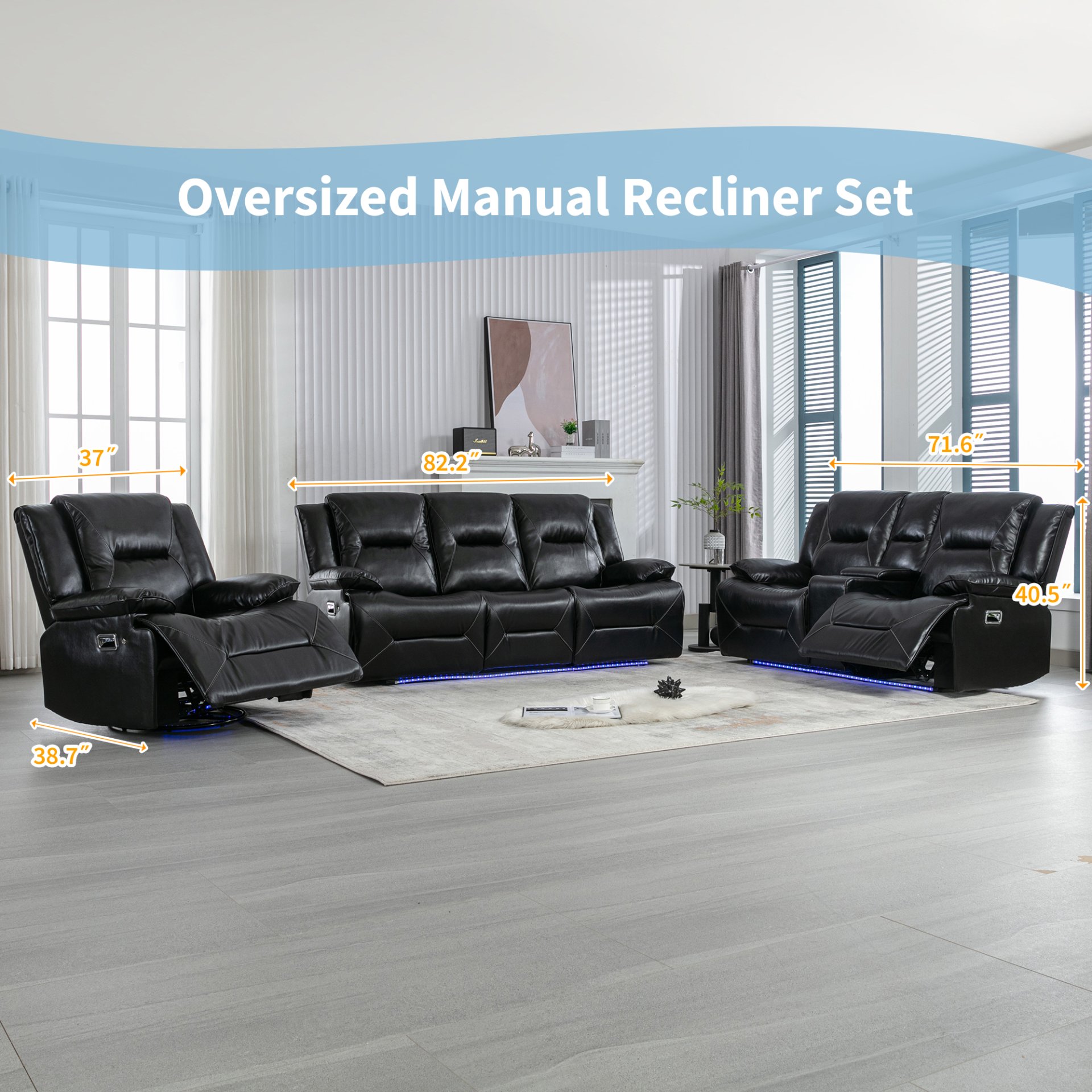Home Theater Recliner Set Manual Recliner Chair With A Led Light Strip Two Built-In Cup Holders For Living Room - Black - Image 6