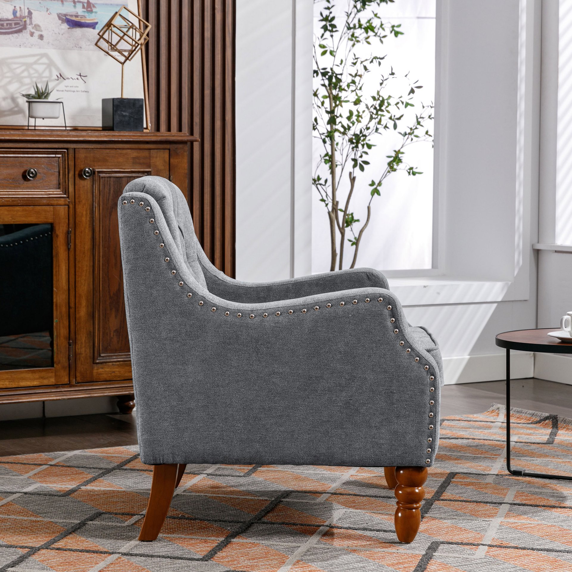Accent Chair, Living Room Chair, Footrest Chair Set With Vintage Brass Studs, Button Tufted Upholstered Armchair For Living Room, Comfy Reading Chair For Bedroom, Reception Room - Gray - Image 6