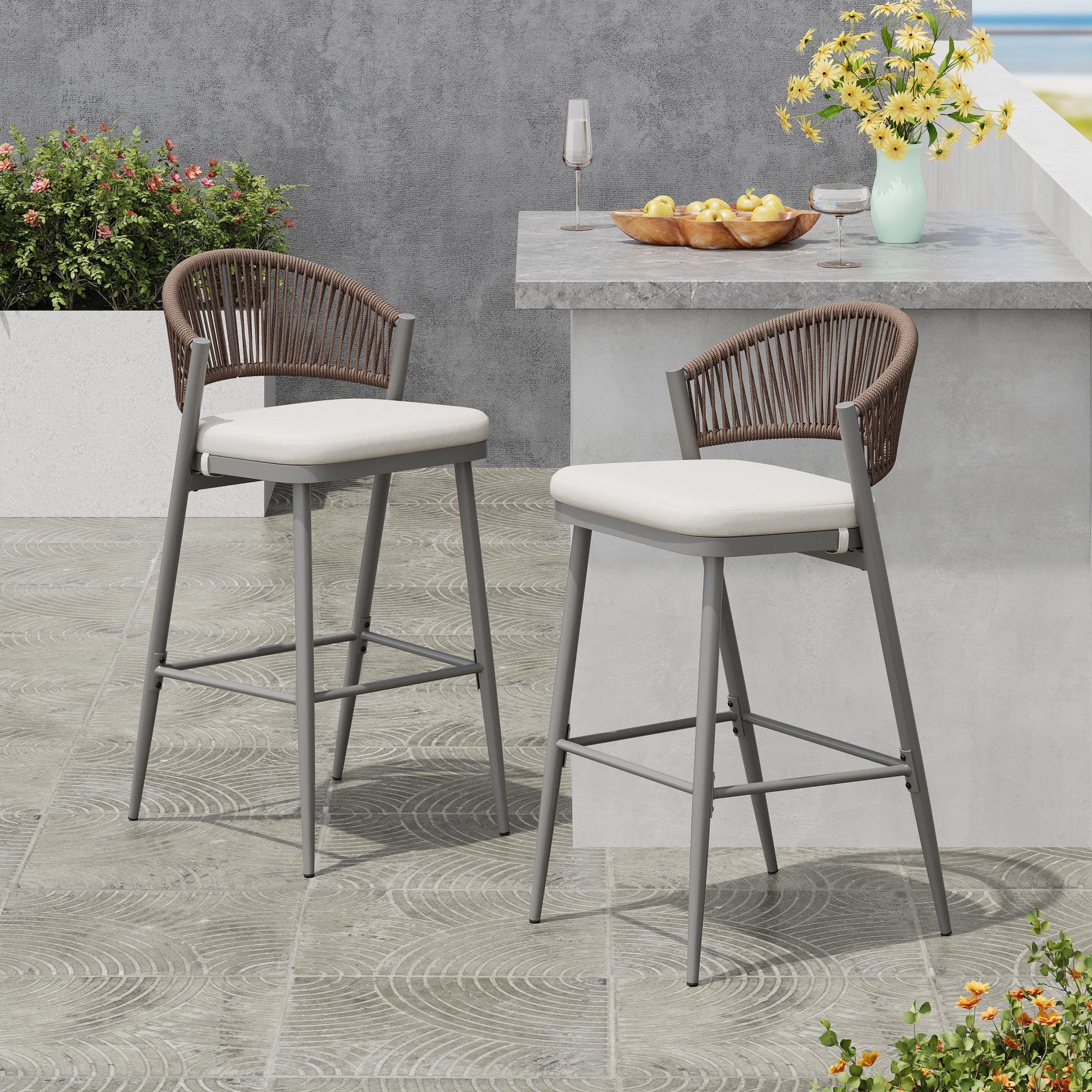 Outdoor Bar Height Metal Frame Counter Stools With Scallop Shaped Backrest & Water Resistant Cushions (Set of 2) - Matte Gray - Image 4