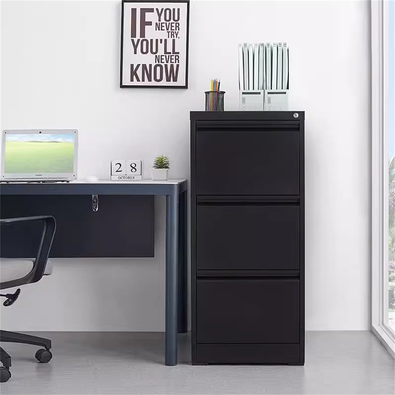 4 Drawer Vertical File Cabinet With Lock For Home Office Organizer Metal Filing Cabinet Letter / A4 / Legal Size - Black - Image 5