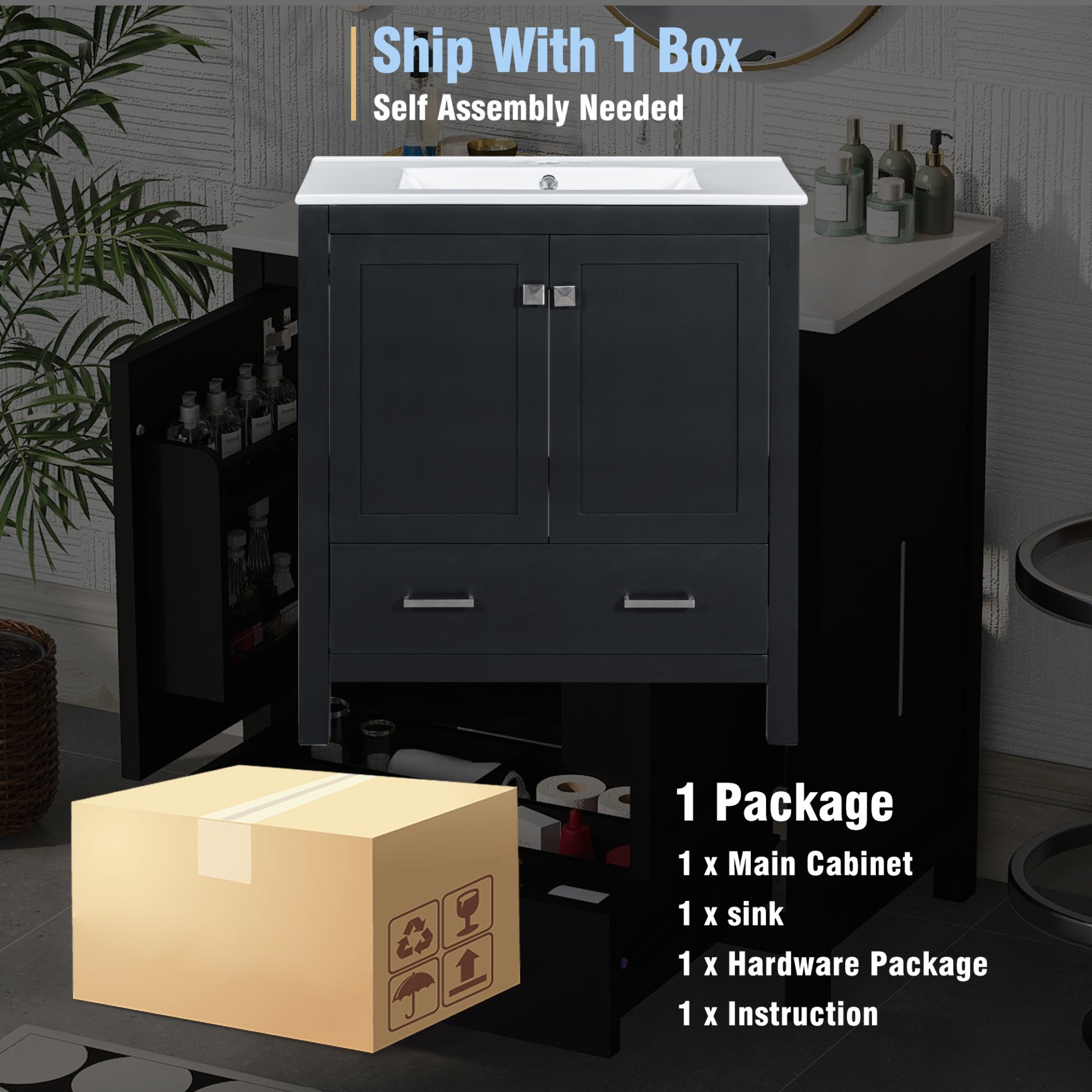 Bathroom Vanity With Single Sink, Combo Cabinet Undermount Sink, Bathroom Storage Cabinet With 2 Doors And A Drawer, Soft Closing, Multifunctional Storage, Solid Wood Frame - Black - Image 9