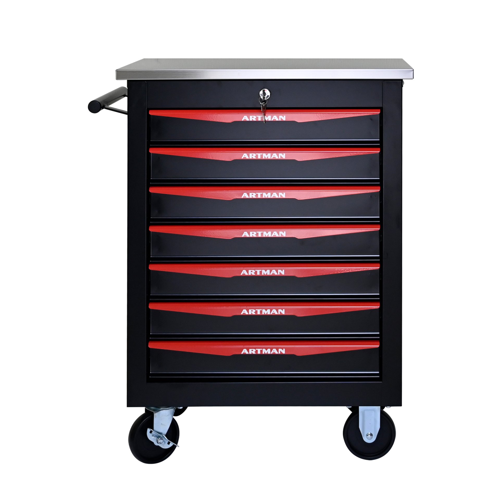 7 Drawer Multifunctional Tool Cart With Wheels, Metal Rolling Tool Cart Storage For Garage Workshop Warehouse Repair Shop With Stainless Steel Roof - Black / Red - Image 13