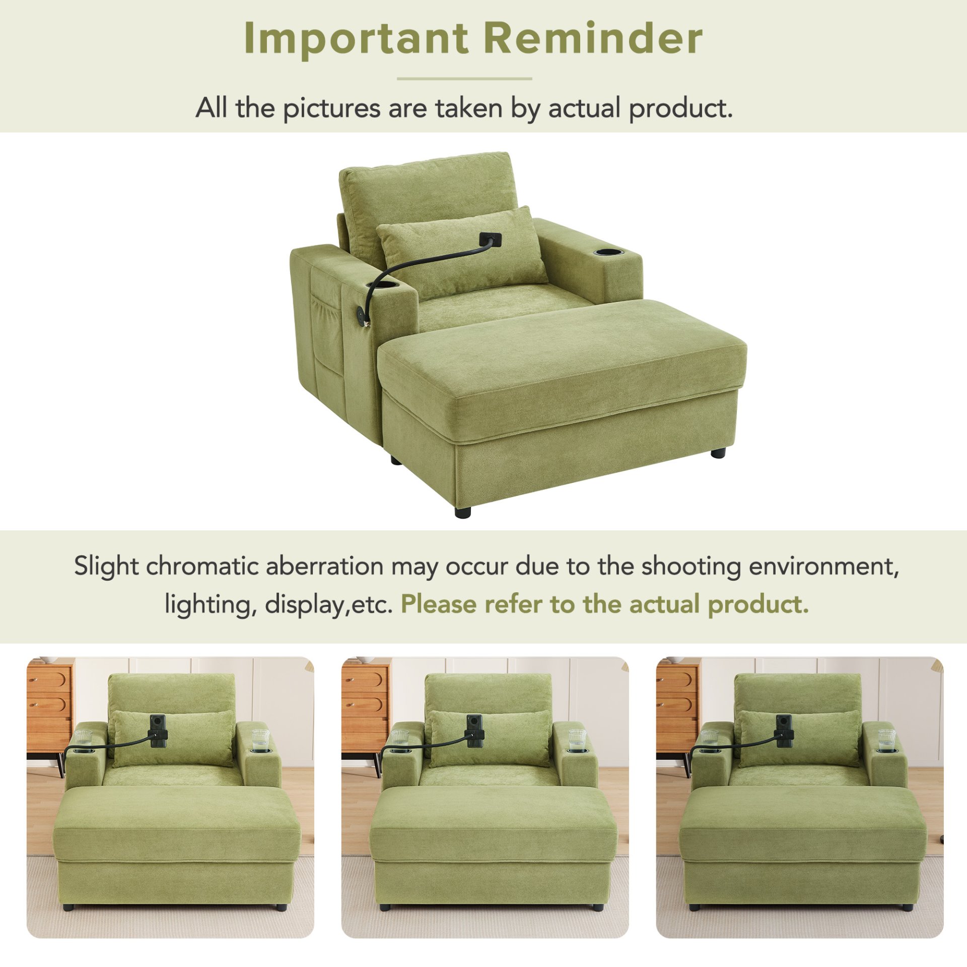 Modern Style Armchair Chaise Lounge Sofa Couch With Movable Storage Ottoman, USB Ports, Cup Holders, Phone Holder, Side Pockets - Green - Image 8