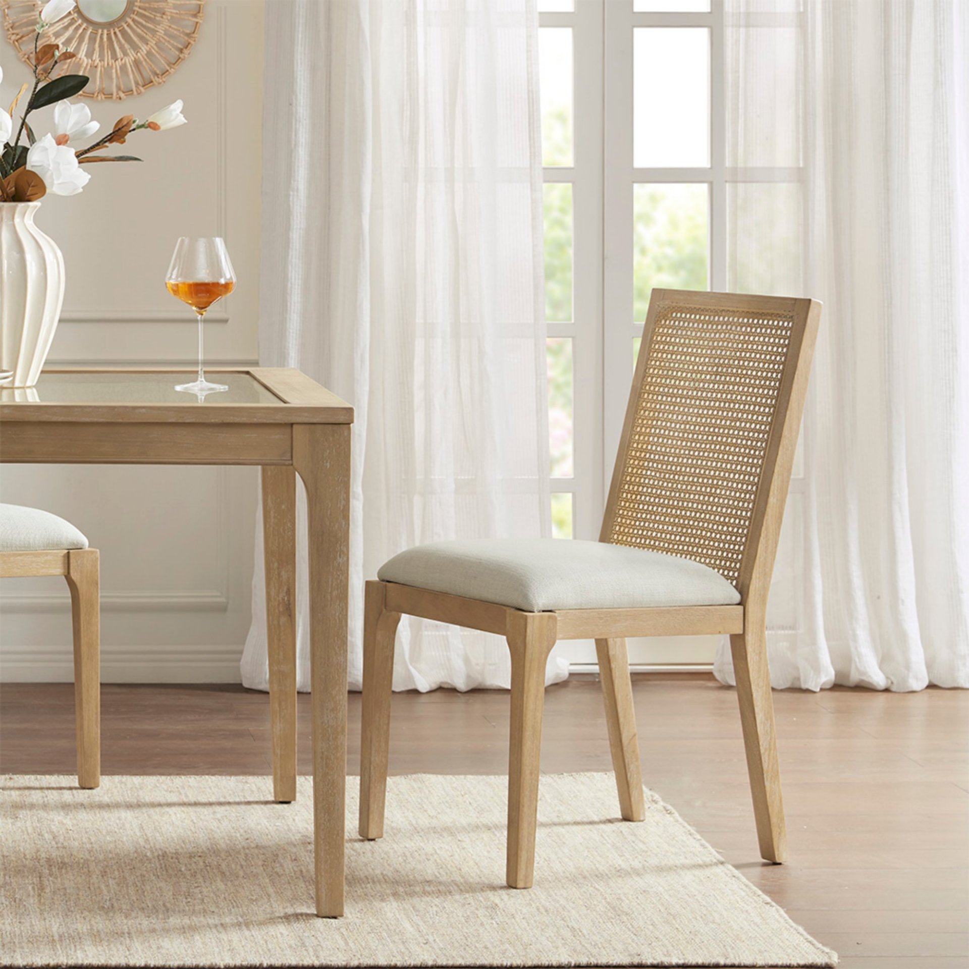 Dining Chair With Synthetic Cane Back And Upholstered Seat (Set of 2) - Natural - Image 2