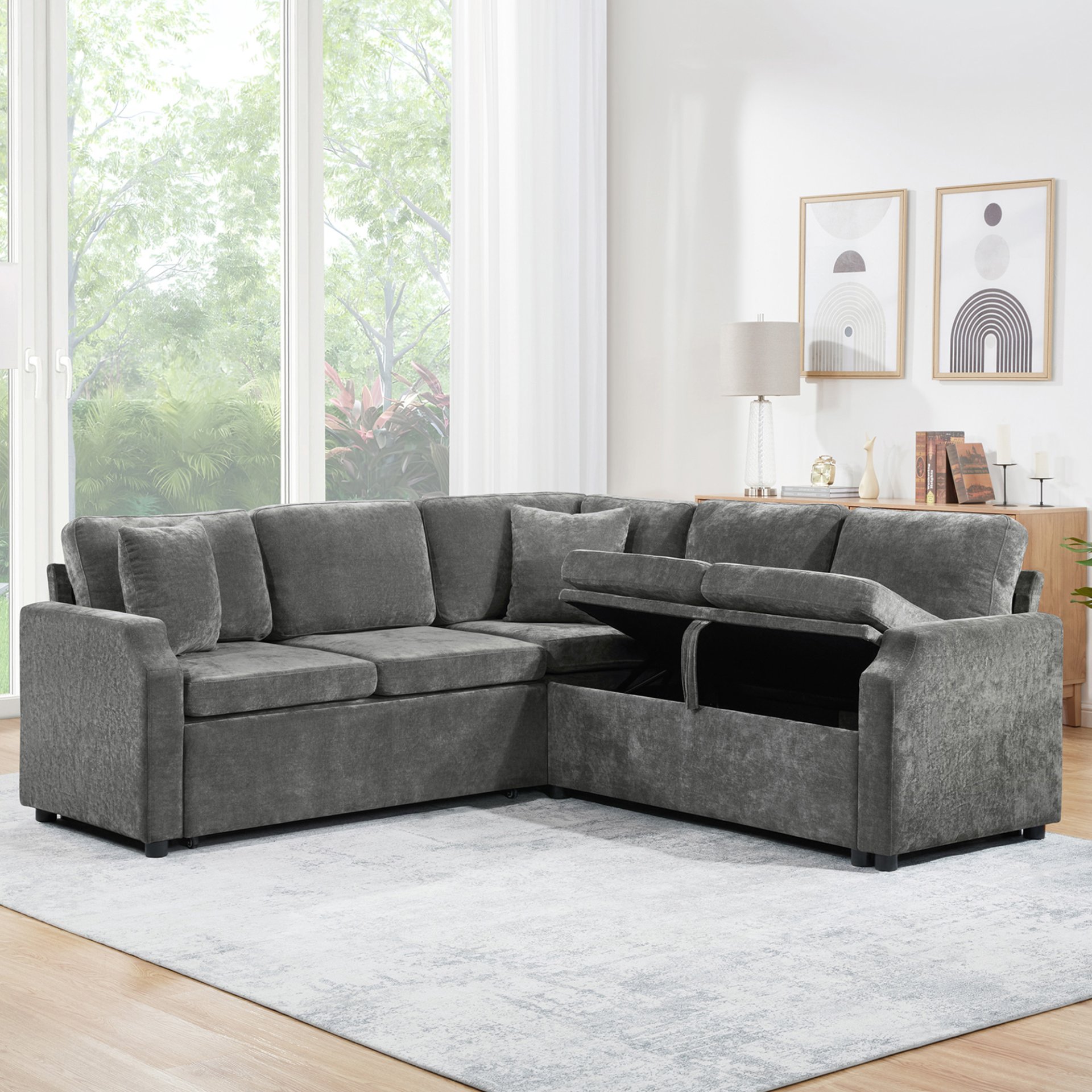 Upholstered L Shaped Sectional Sofa Bed With Sleeper And Storage Chenille - Gray - Image 6