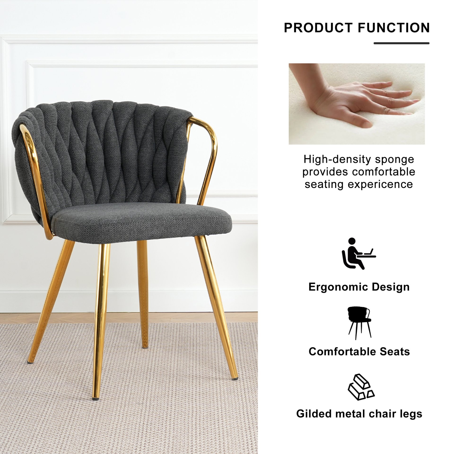 Modern Simple Dark Gray Linen Dining Chair With Plated Metal Legs, (Set of 2) - Gold - Image 12