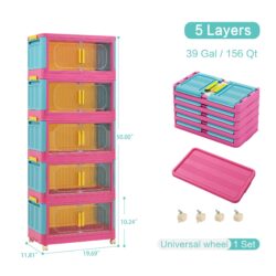 Happy Color Folding Storage Cabinet 5 Tier Wide Plastic With Magnetic Doors And Wheels - Pink / Blue