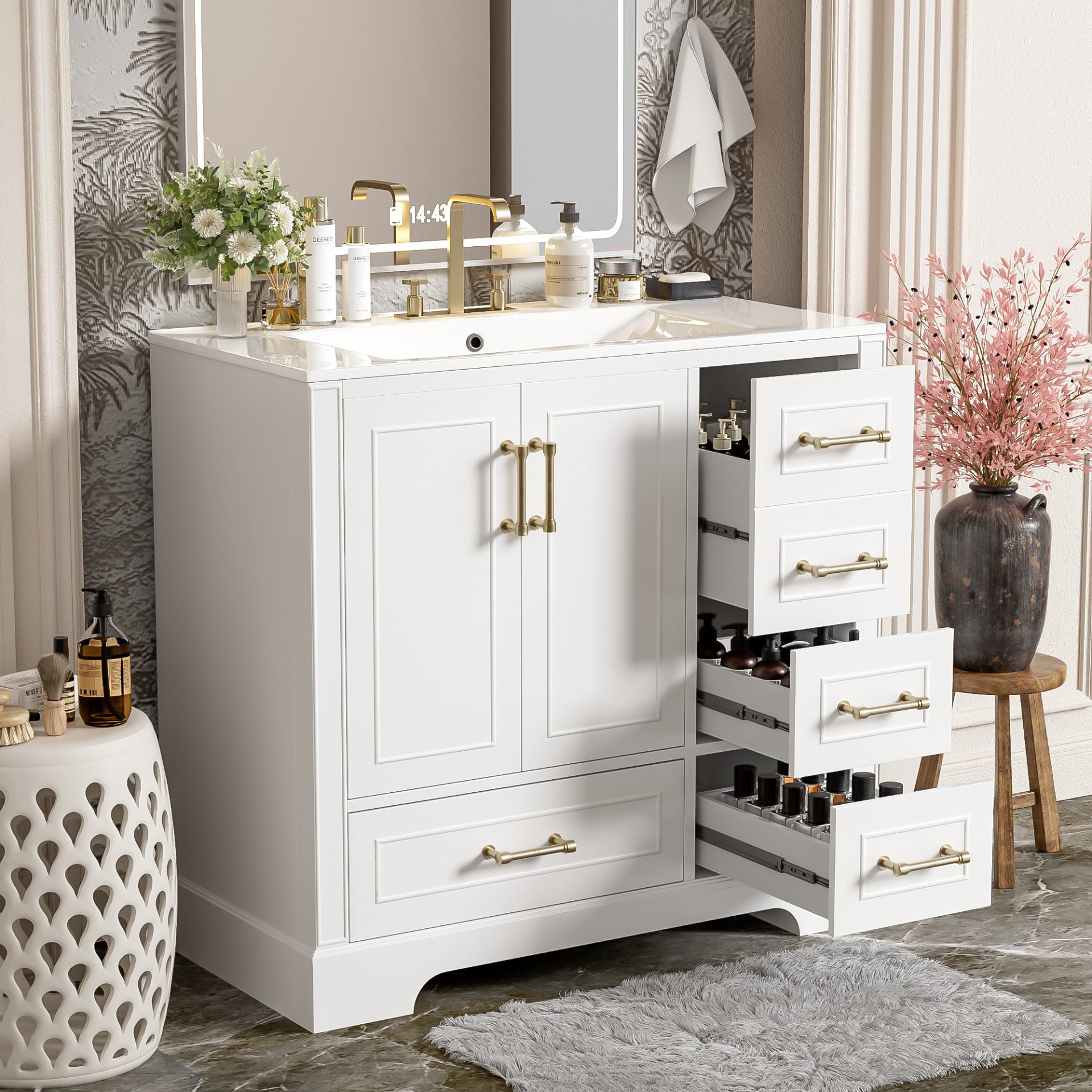 Traditional 36" Bathroom Vanity Cabinet With Sink, With Soft Close Doors And Four Drawers - White - Image 5