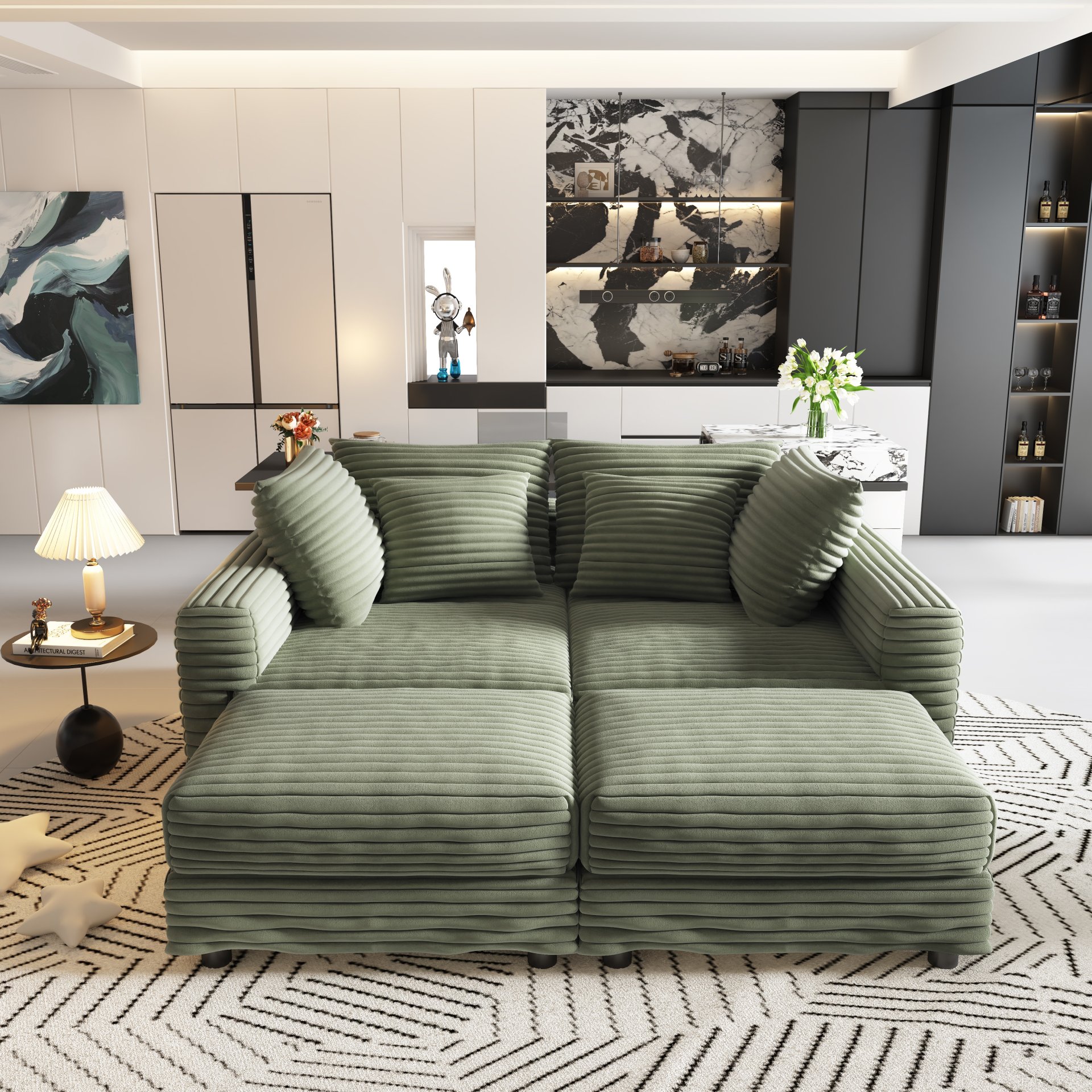 4 Seat Sofa, Deep Seat Couches With Soft Pillows And 2 Ottomans, Convertible Sofa Lounge Chair, For Living Room - Green - Image 14