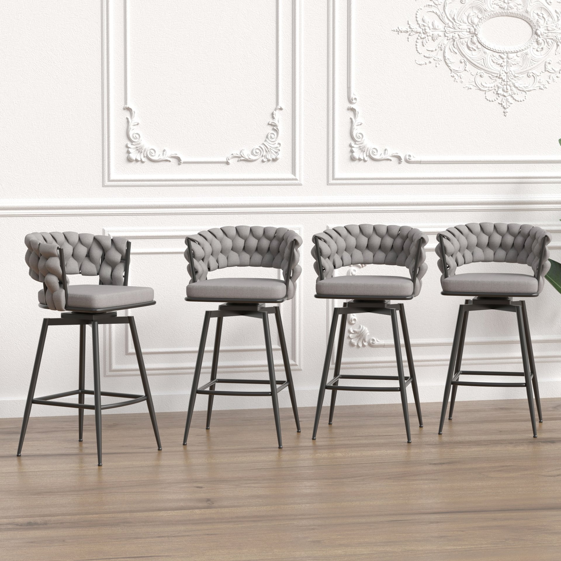 28" Bar Chair Linen Woven Bar Stool (Set of 2) Upholstered With Legs, 360 Swivel, Counter Arm Chairs With Back Footrest - Gray - Image 7