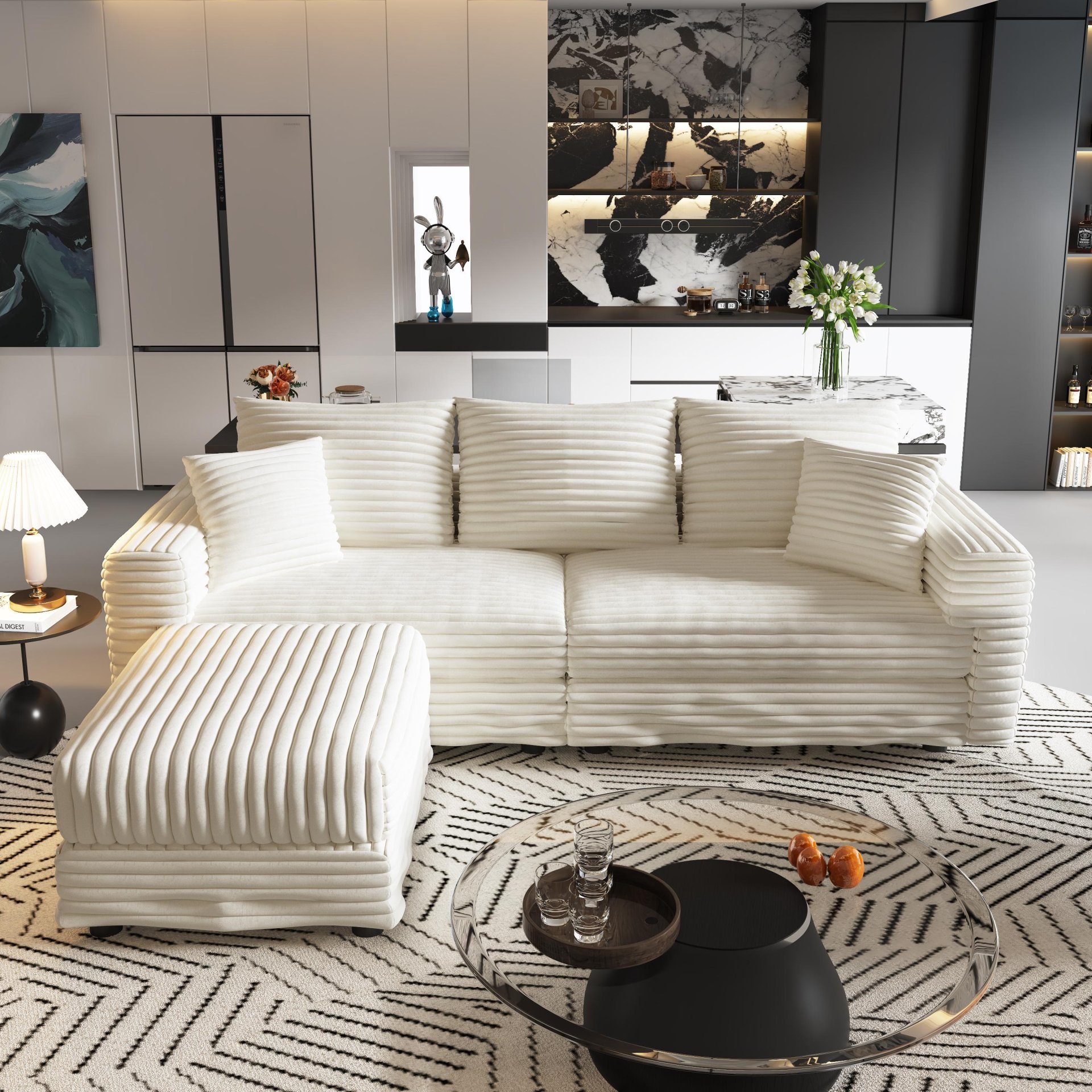 3 Seat Sofa, Deep Seat Couches With Soft Pillows And 1 Ottomans, Convertible Sofa Lounge Chair, For Living Room - Beige - Image 3