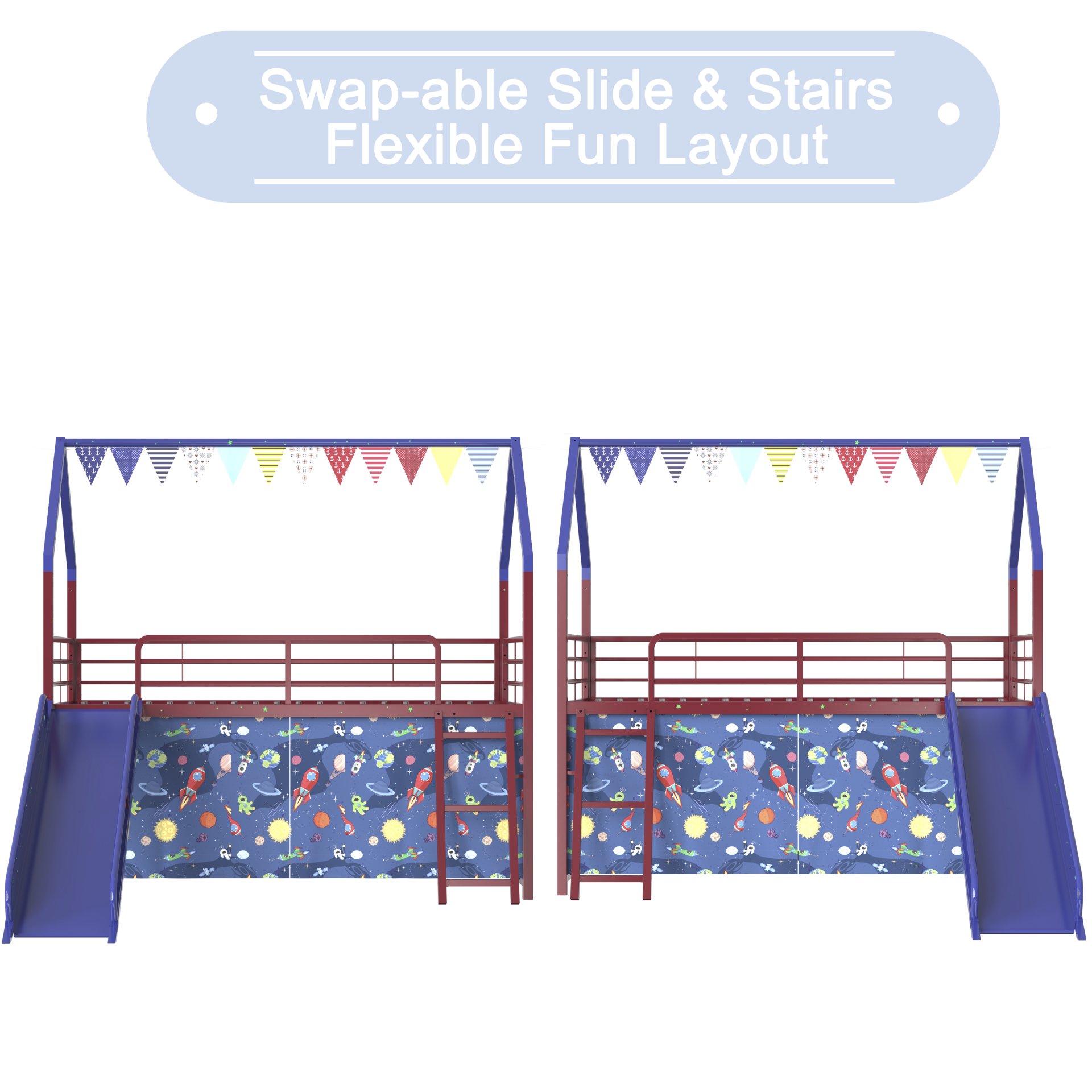 Jack - House Twin Loft Bed With Slide And Curtain Set, Superhero - Red / Blue - Image 16