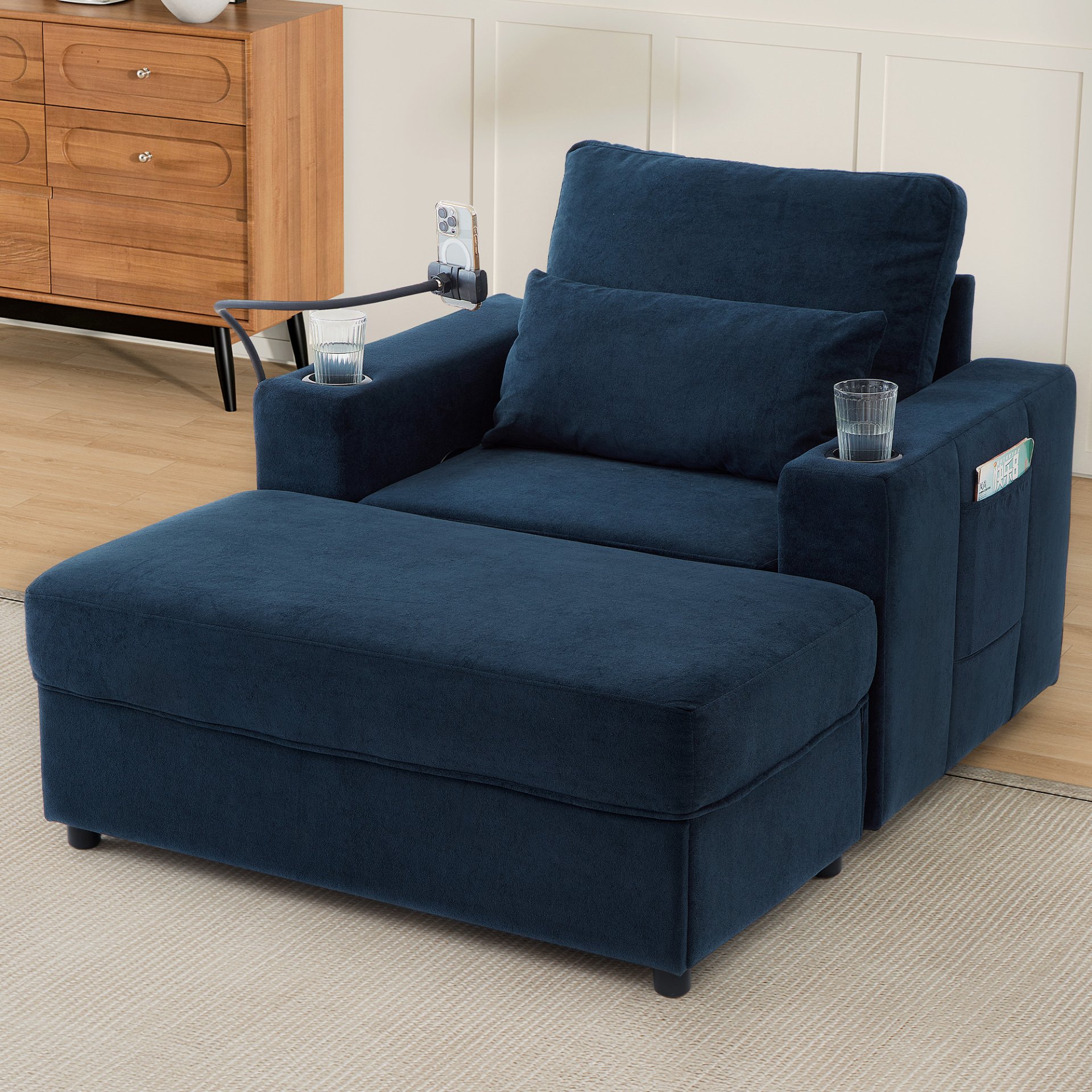 Modern Style Armchair Chaise Lounge Sofa Couch With Movable Storage Ottoman, USB Ports, Cup Holders, Phone Holder, Side Pockets - Blue - Image 12