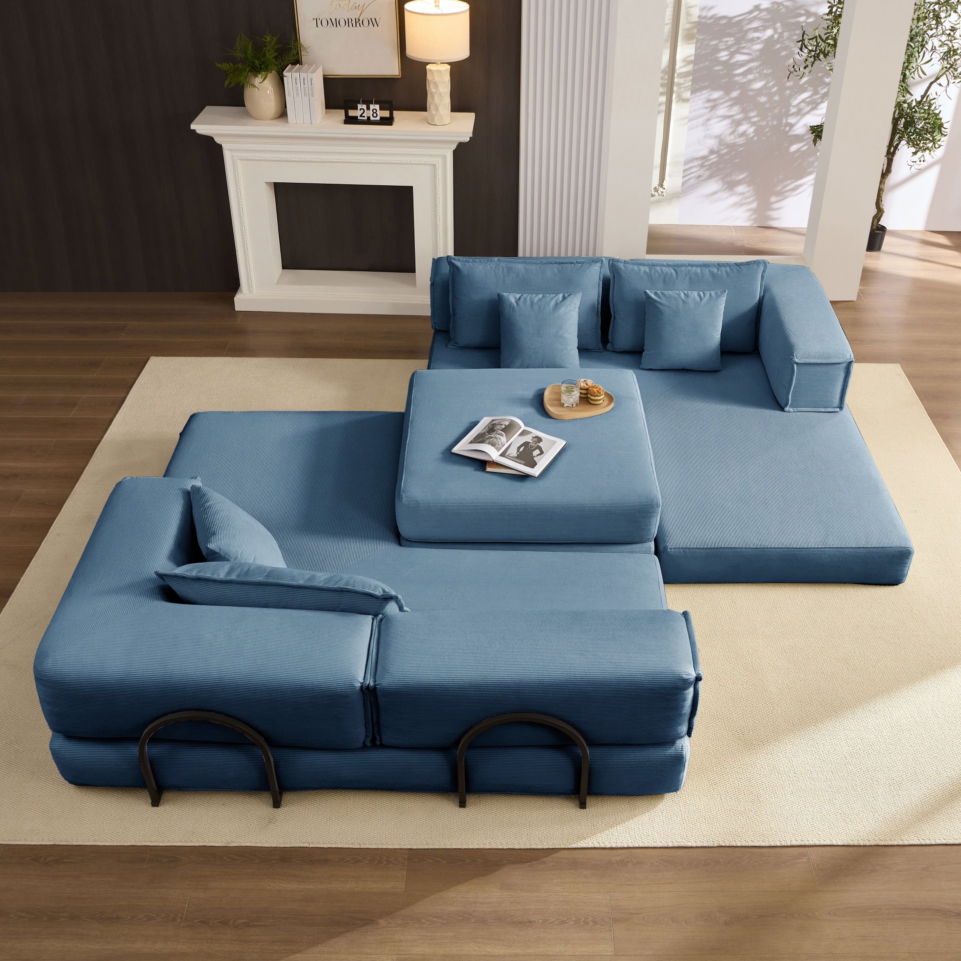 Oversized Upholstered Sectional Sofa Couch Set, Modular L Shaped Floor Sofa Set With 6 Pillows For Living Rooms - Blue - Image 8