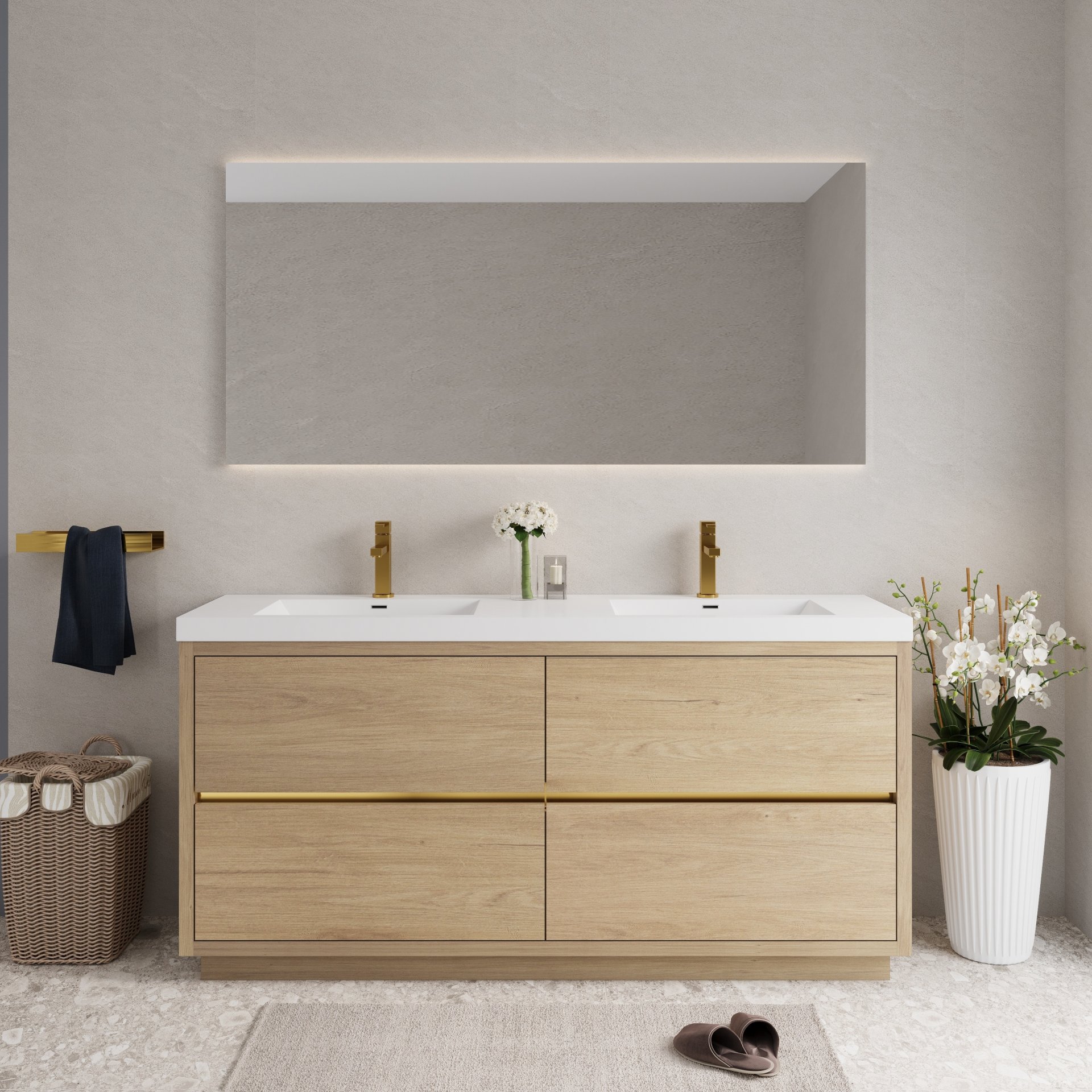 Bathin Freestanding Bathroom Vanity With Double Sinks, Bathroom Storage Vanity Cabinet With Stone Resin Countertop And Soft Close Drawers - Natural Oak - Image 9