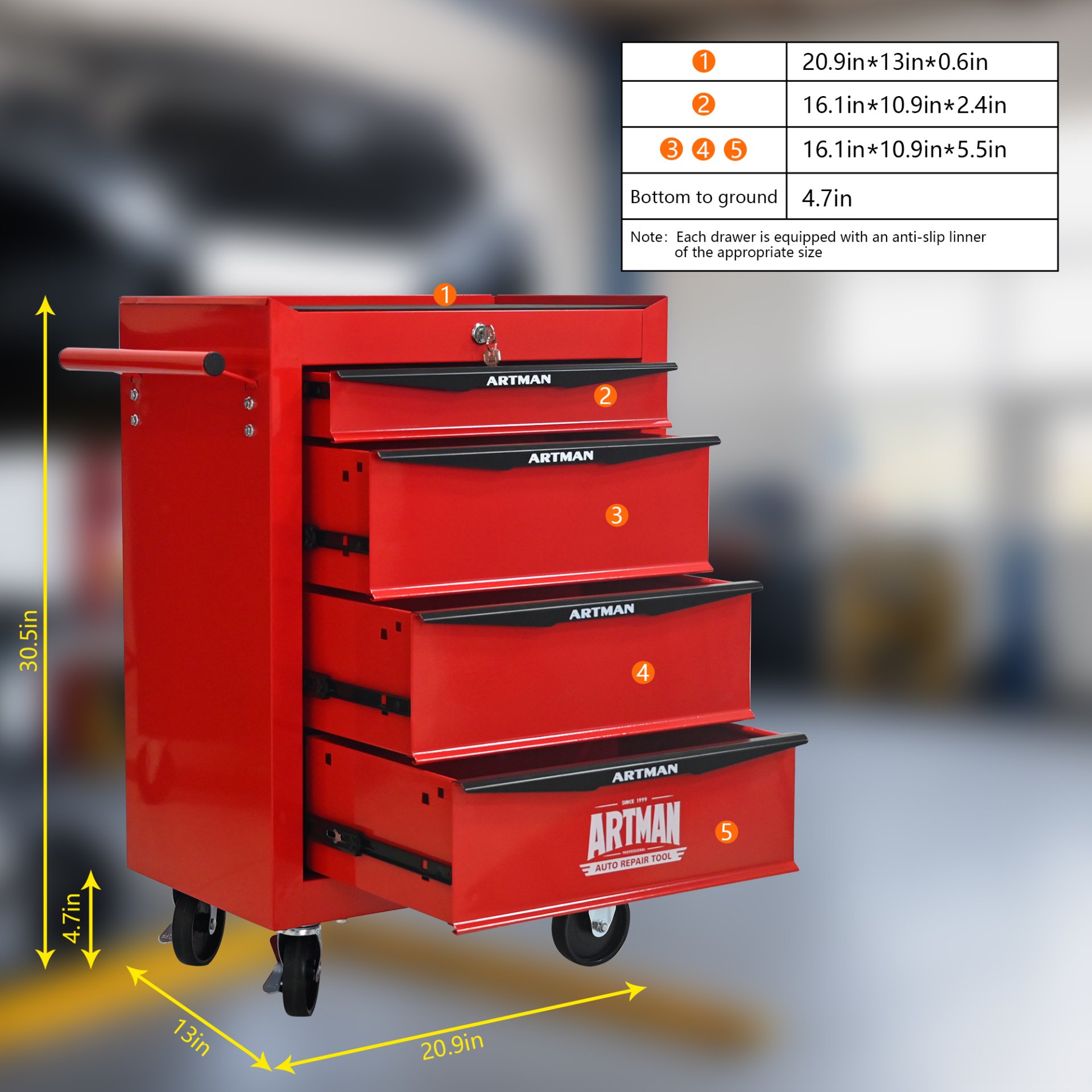 Rolling Metal Tool Chest With 4 Drawers, 20" Steel Storage Cabinet With Ball Bearing Slides - Red / Black - Image 8