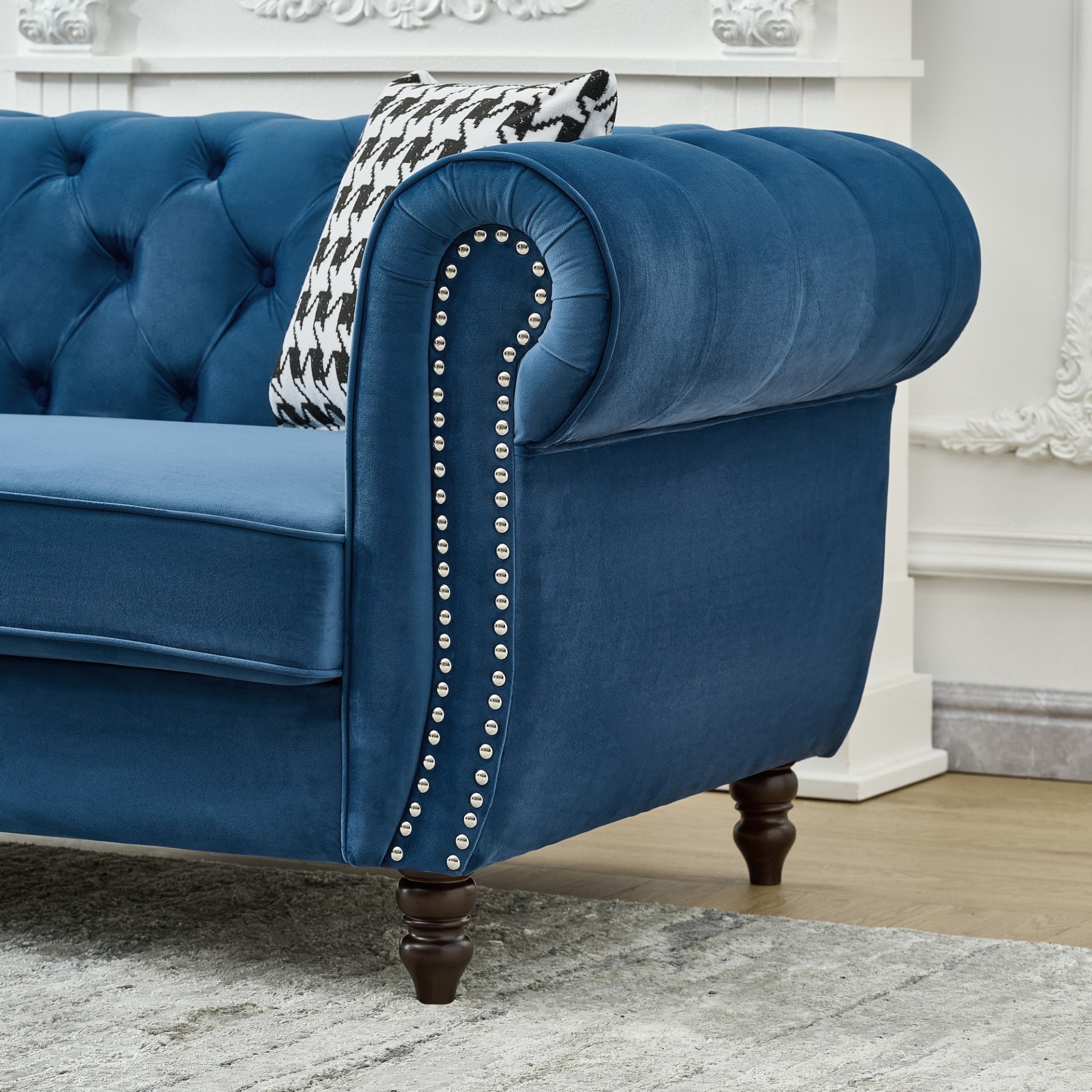 Chesterfield Sofa With Roll Armrest & Nailhead, 3 And 2 Seater - Blue - Image 14