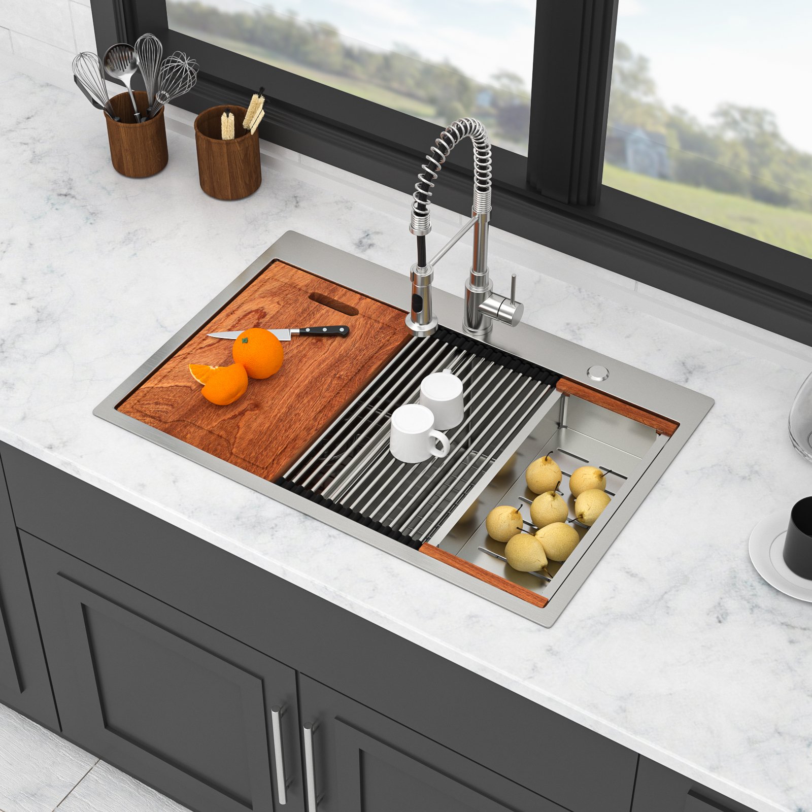 Topmount Drop In Kitchen Sink, Double Bowl 50 / 50 - Brushed Nickel - Image 2