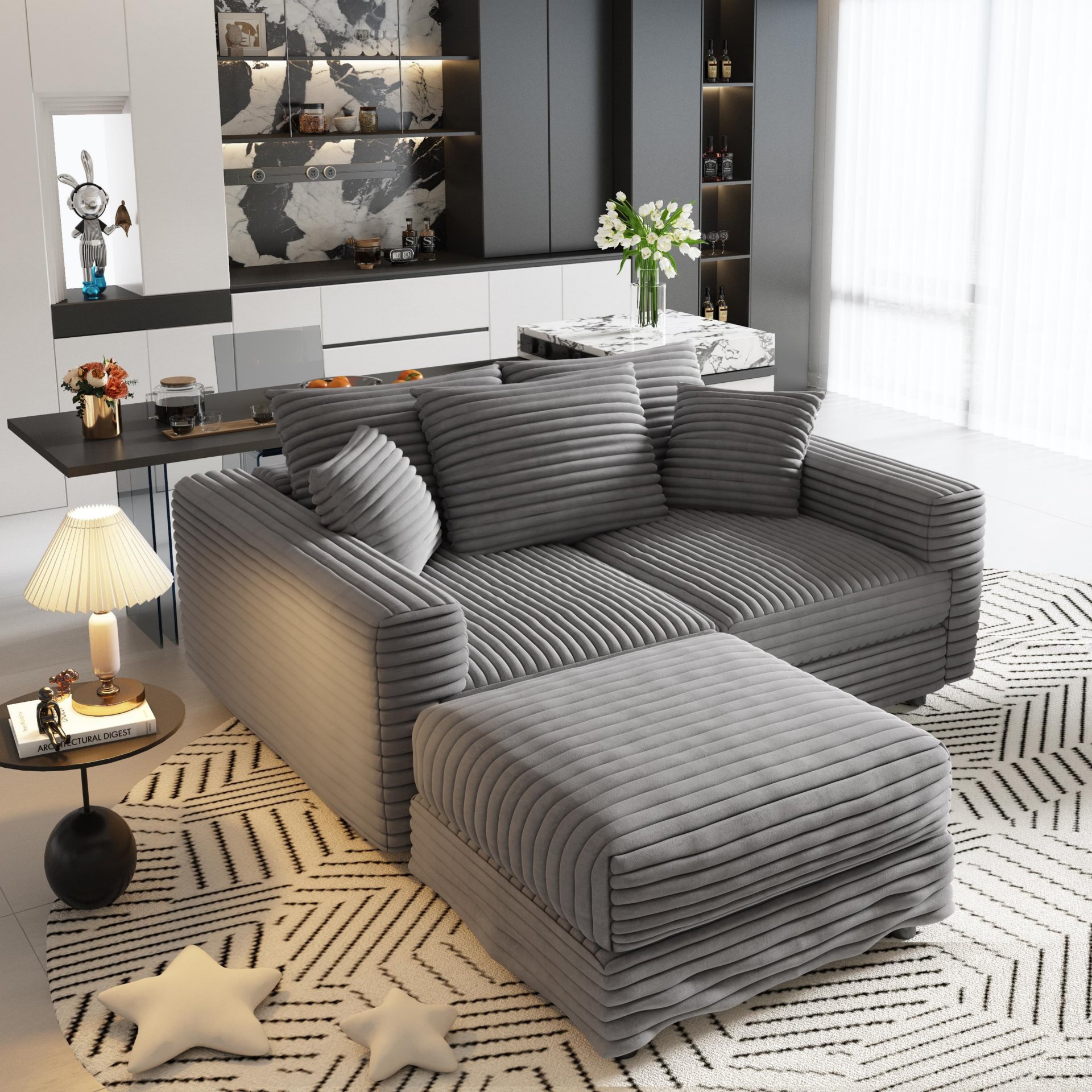 3 Seat Sofa, Deep Seat Couches With Soft Pillows And 1 Ottomans, Convertible Sofa Lounge Chair, For Living Room - Gray - Image 12