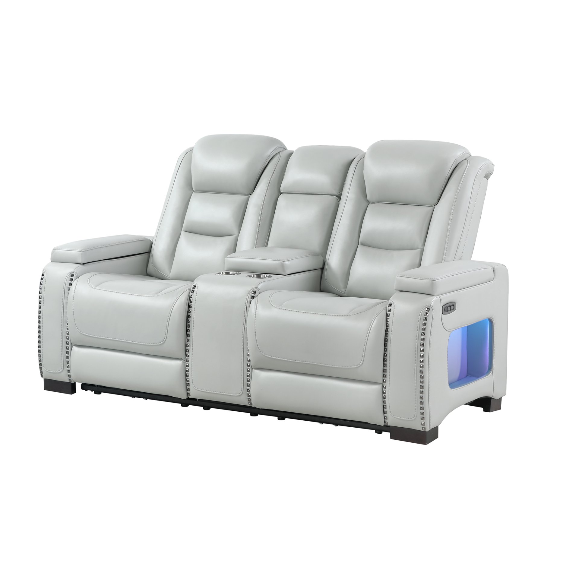 Power Console Loveseat With Power Headrest USB LED And Bookshelf Arms - Grey - Image 5