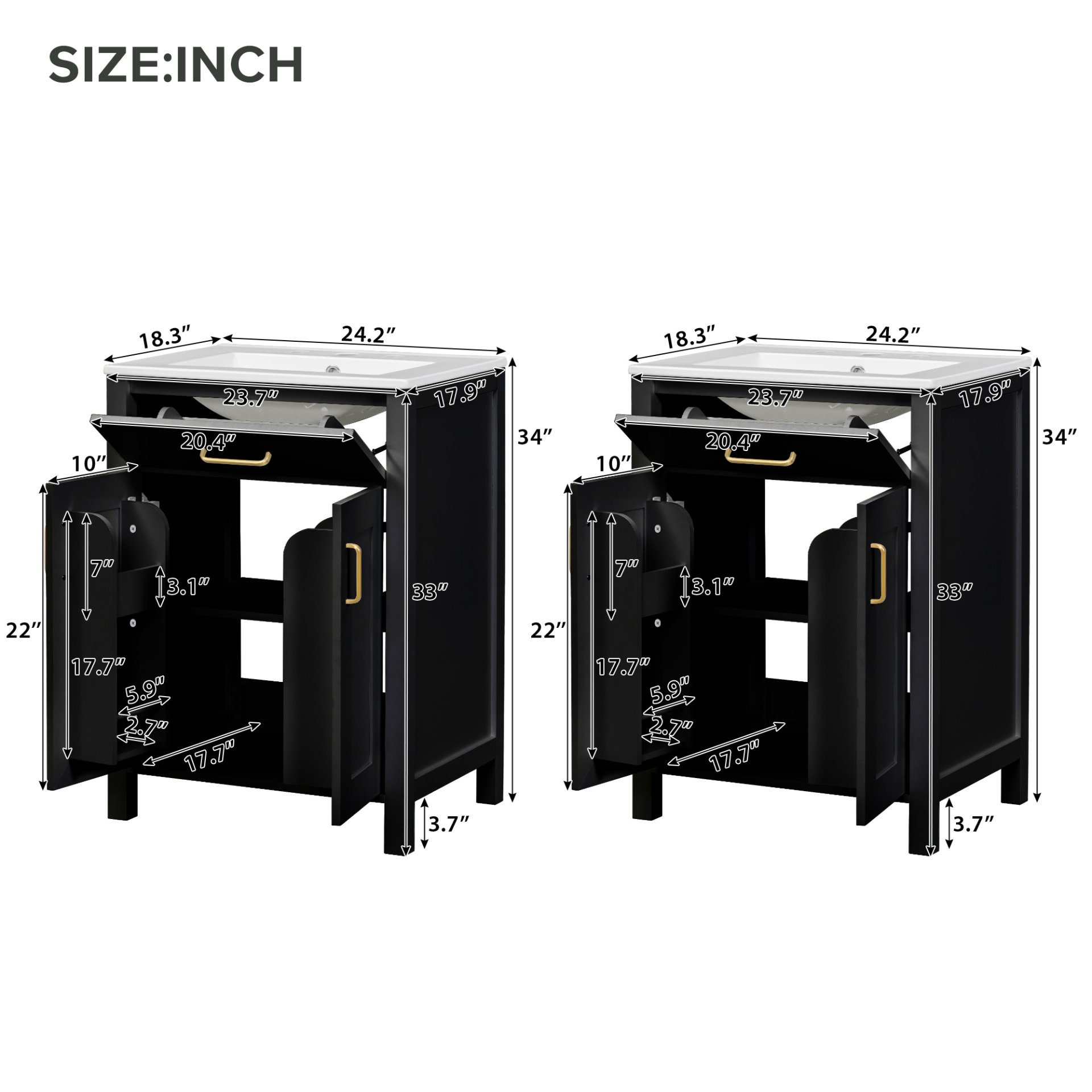 Bathroom Vanity With Sink, Soft Close Doors, Flip Drawer, U Shaped Shelves - Black - Image 4