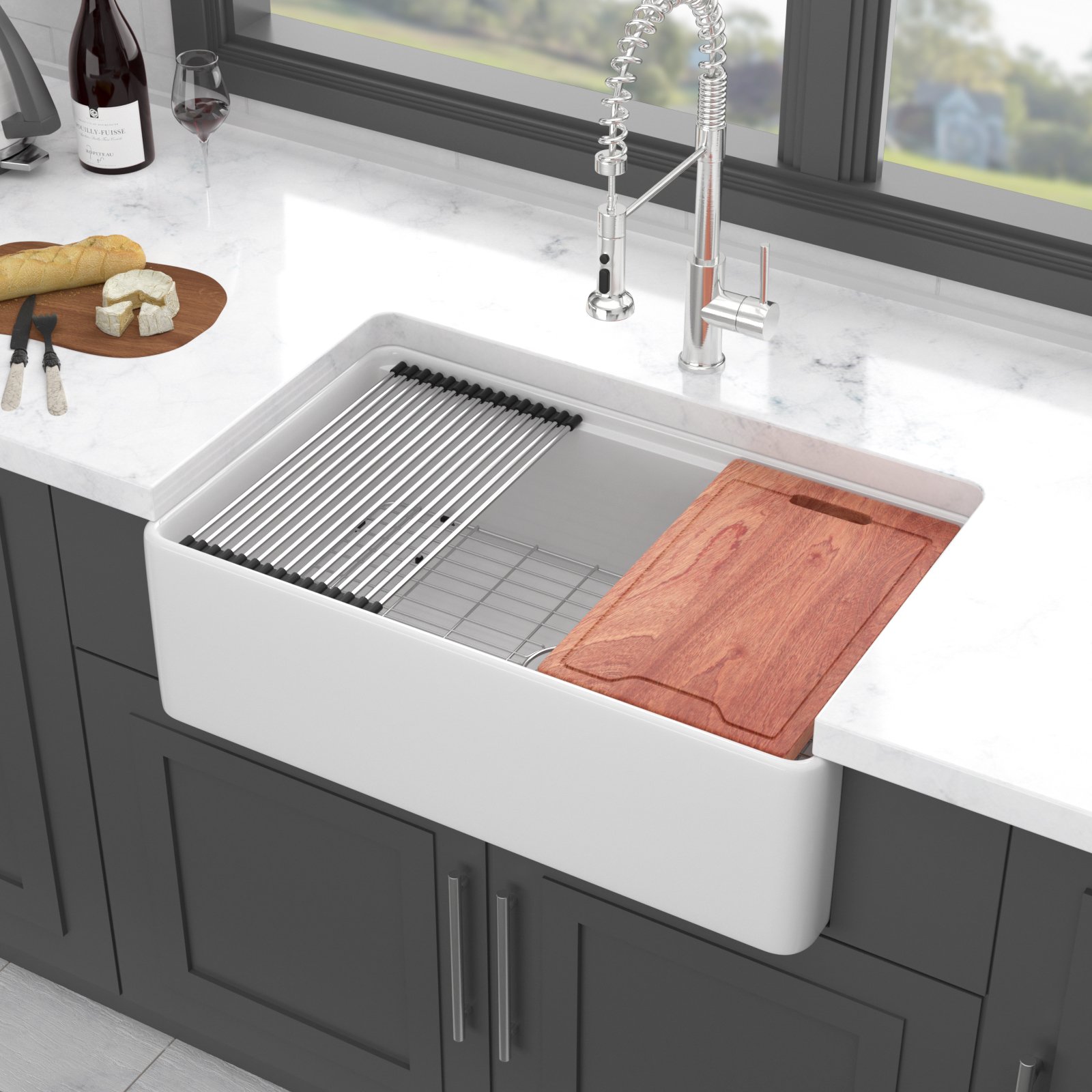 Ceramic Farmhouse Sink Workstation Single Bowl Farm Kitchen Sink - White - Image 2