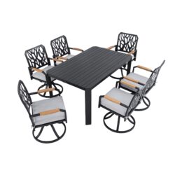 7 Pieces Outdoor Patio Furniture Set, Modern Dining Set With 6 Swivel Rockers Sunbrella Fabric, Rectangular Table With Umbrella Hole - Bourbon Brown