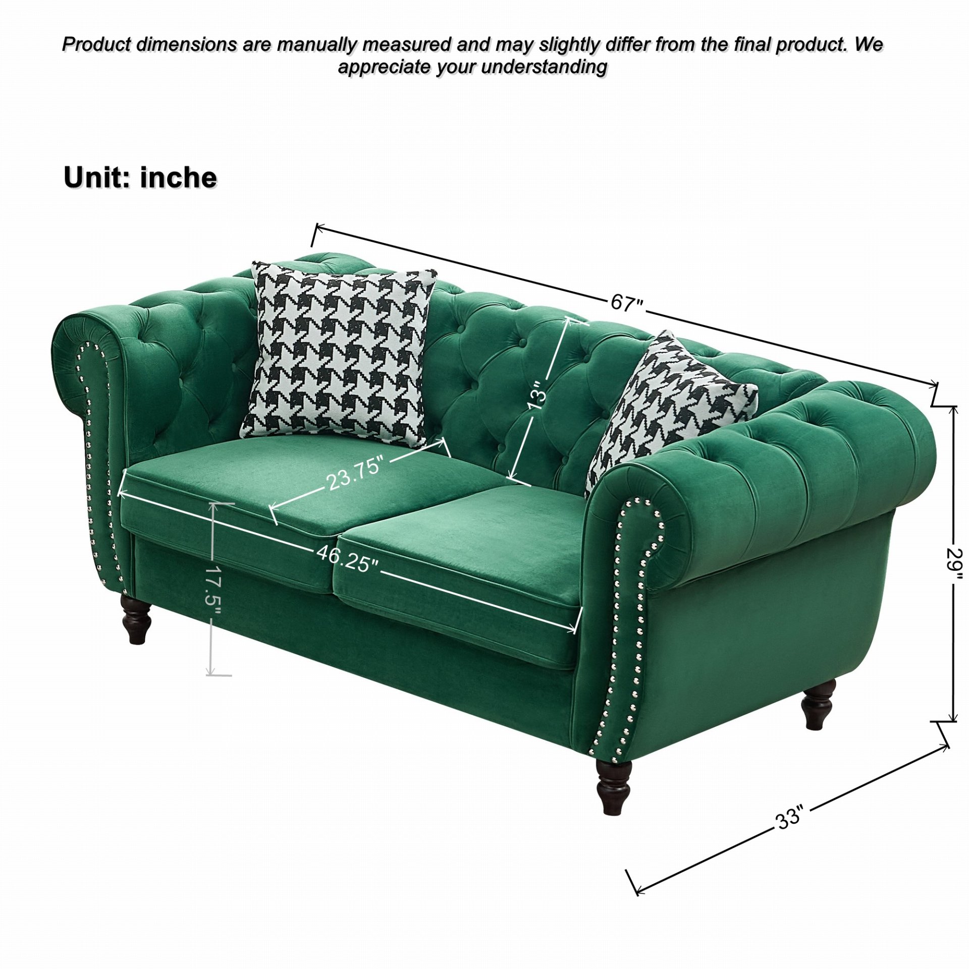 Chesterfield Sofa With Roll Armrest & Nailhead, 3 And 2 Seater - Green - Image 9
