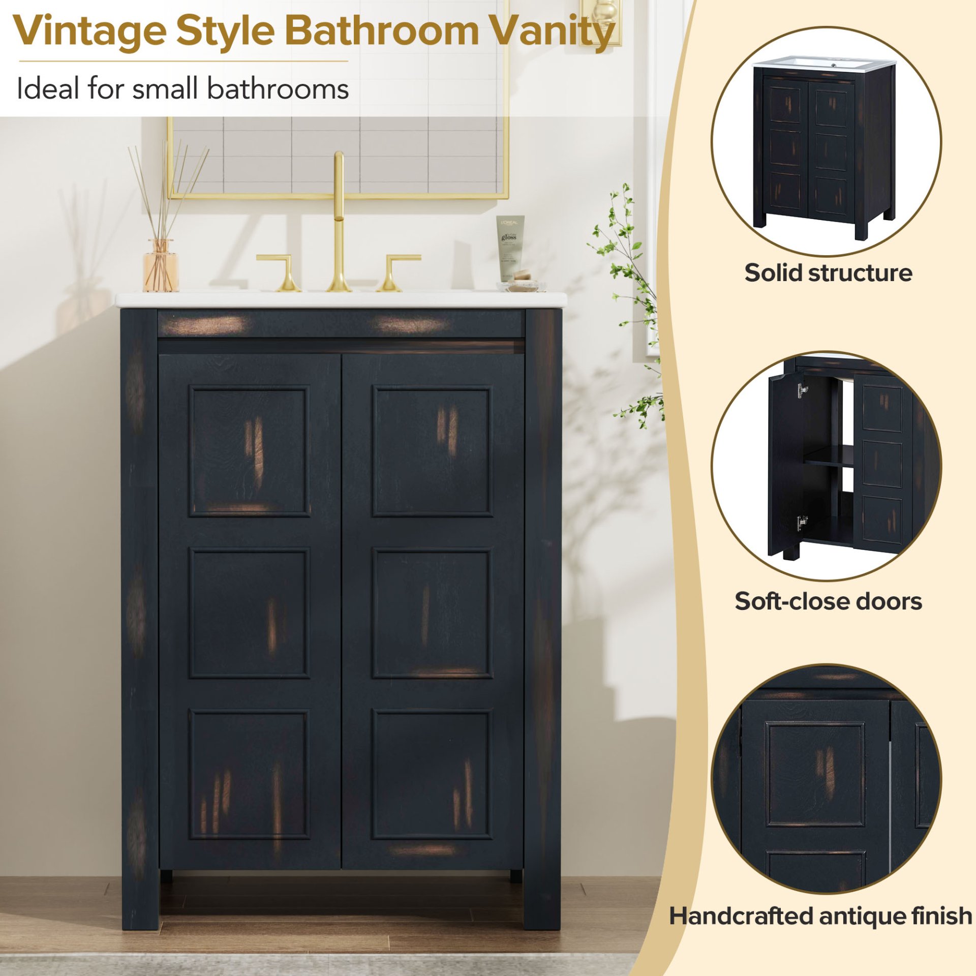 Vintage Style Small Bathroom Vanity Combo With Ceramic Sink, 2 Soft-Close Doors - Espresso - Image 6