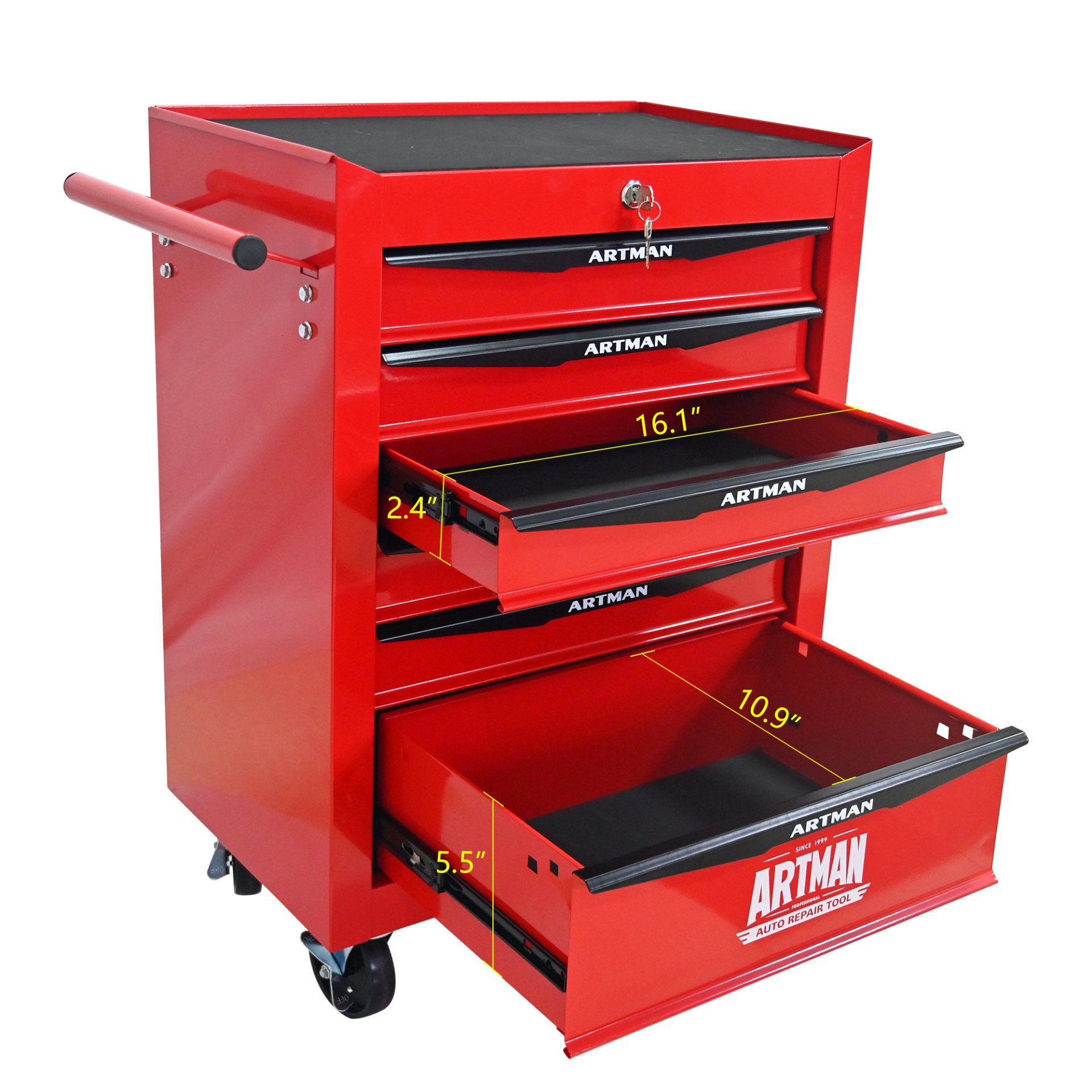 Rolling Metal Tool Chest With 6 Drawers, 20" Steel Storage Cabinet With Ball Bearing Slides - Red / Black - Image 9