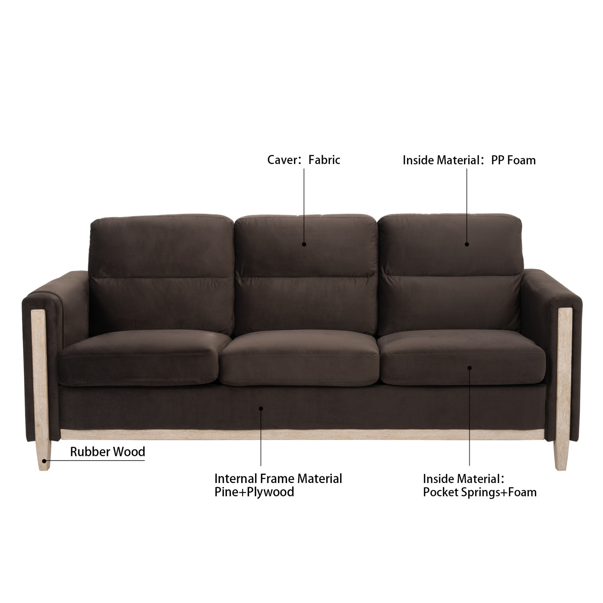 Comfortable Solid Wood Three-Seater Sofa, Soft Cushions, Durable And Long-Lasting, Sofa Couch For Living Room - Brown - Image 5