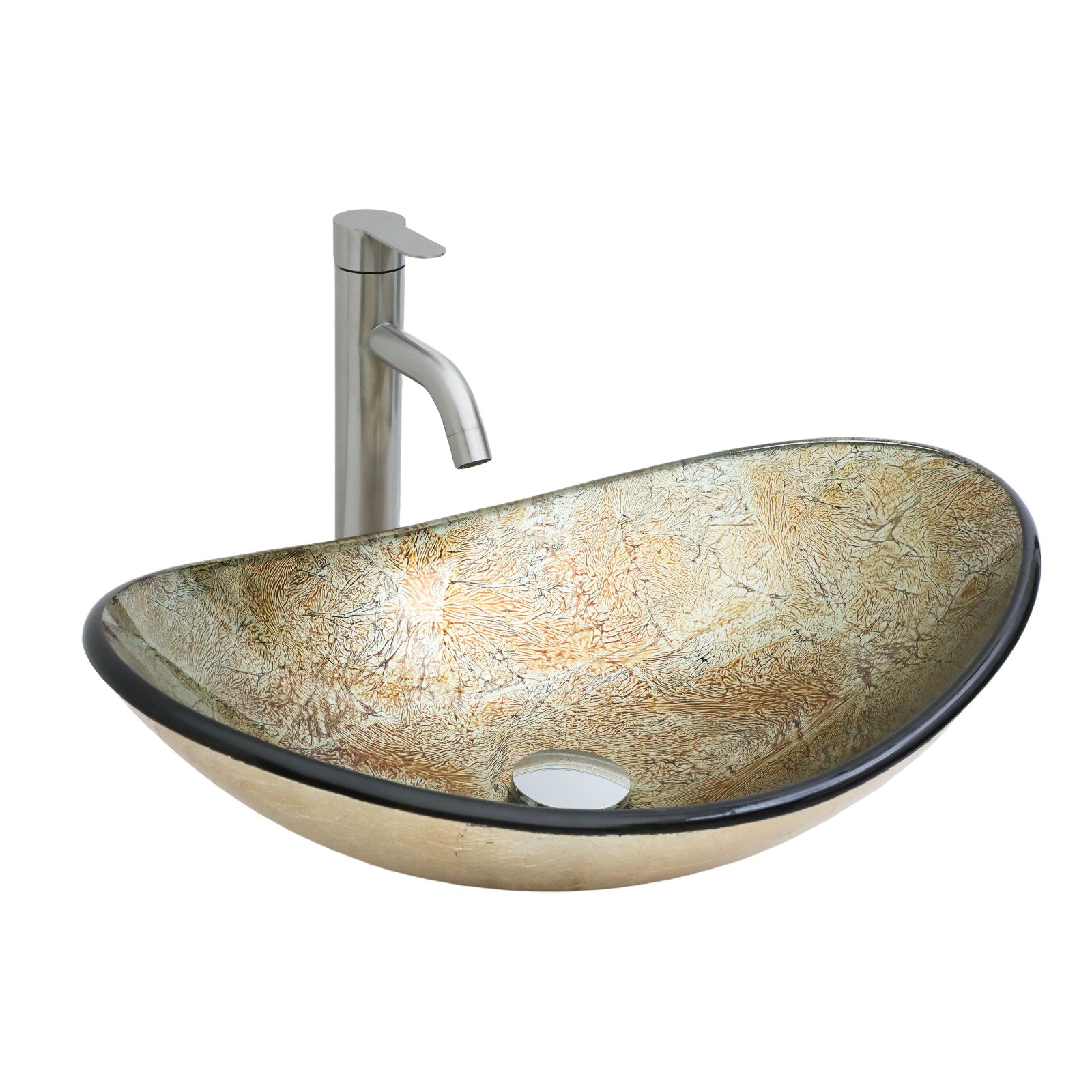 Vessel Sink With Chrome Pop Up Drain, Boat Shape Bathroom Sink Above Counter - Gold - Image 9