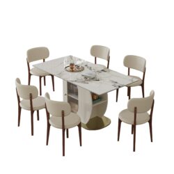 Dining Table Set With Storage, 6 Chairs For Kitchen - White
