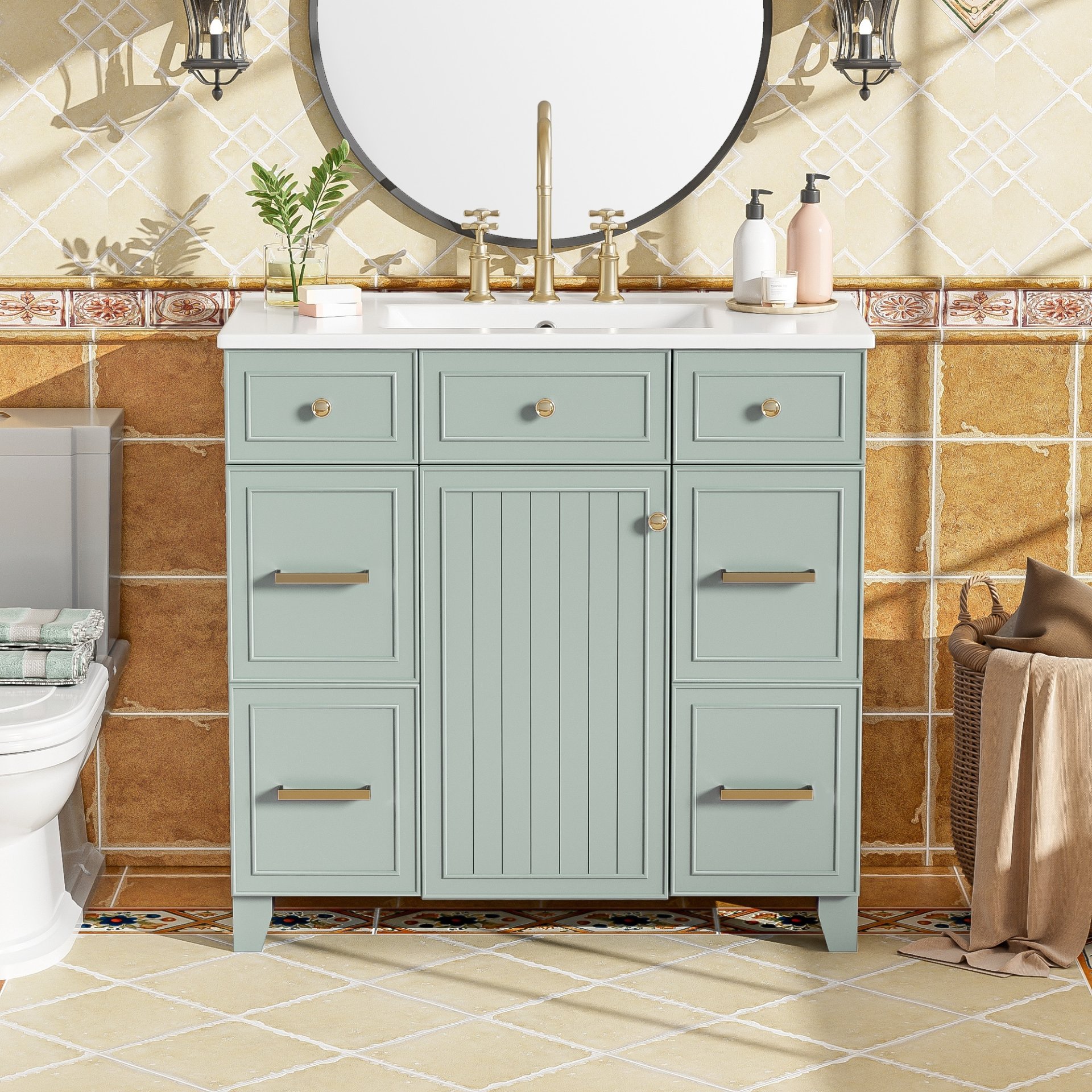 36" Bathroom Vanity With Sink, Soft Close Doors, Adjustable Shelves, And Hairdryer Storage - Green - Image 3