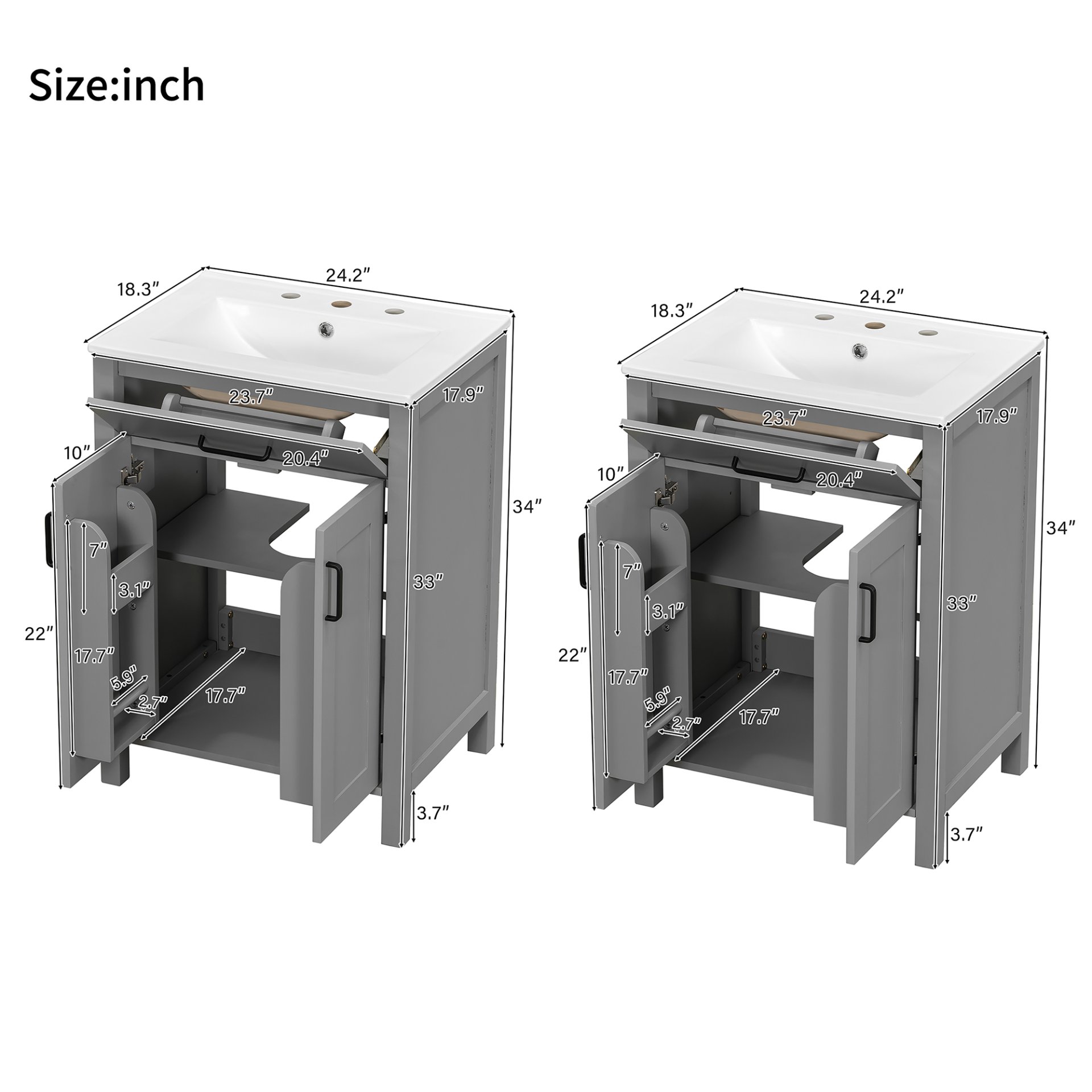 Bathroom Vanity With Sink, Soft Close Doors, Flip Drawer, Double Layer Door Shelves - Grey - Image 3